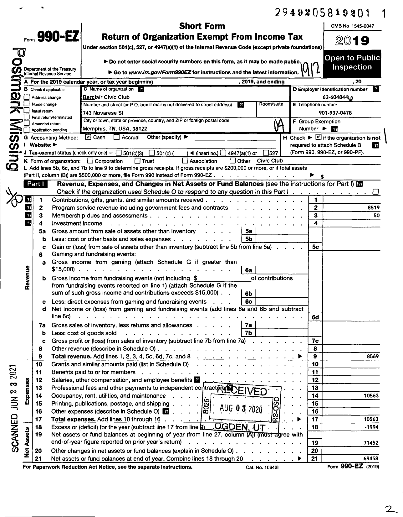 Image of first page of 2019 Form 990EO for Berclair Civic Club