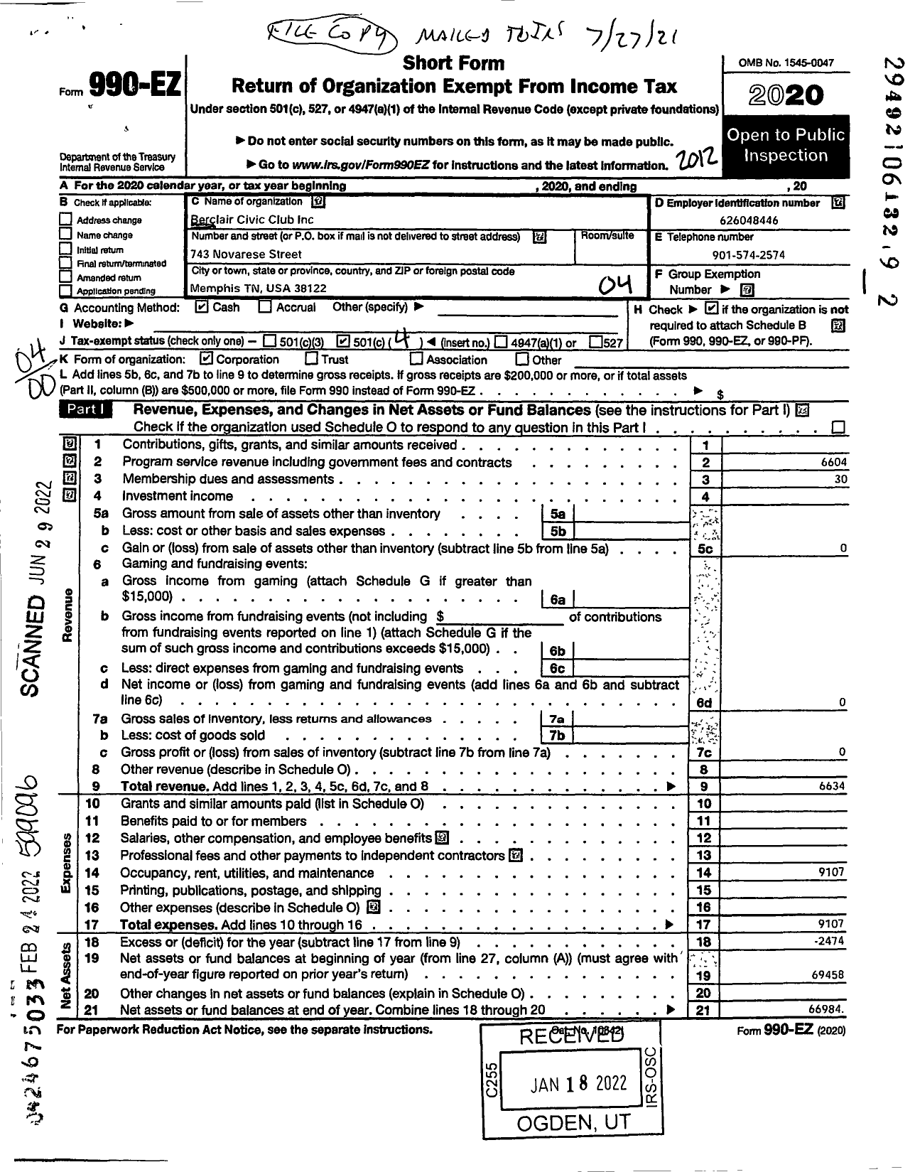 Image of first page of 2020 Form 990EO for Berclair Civic Club