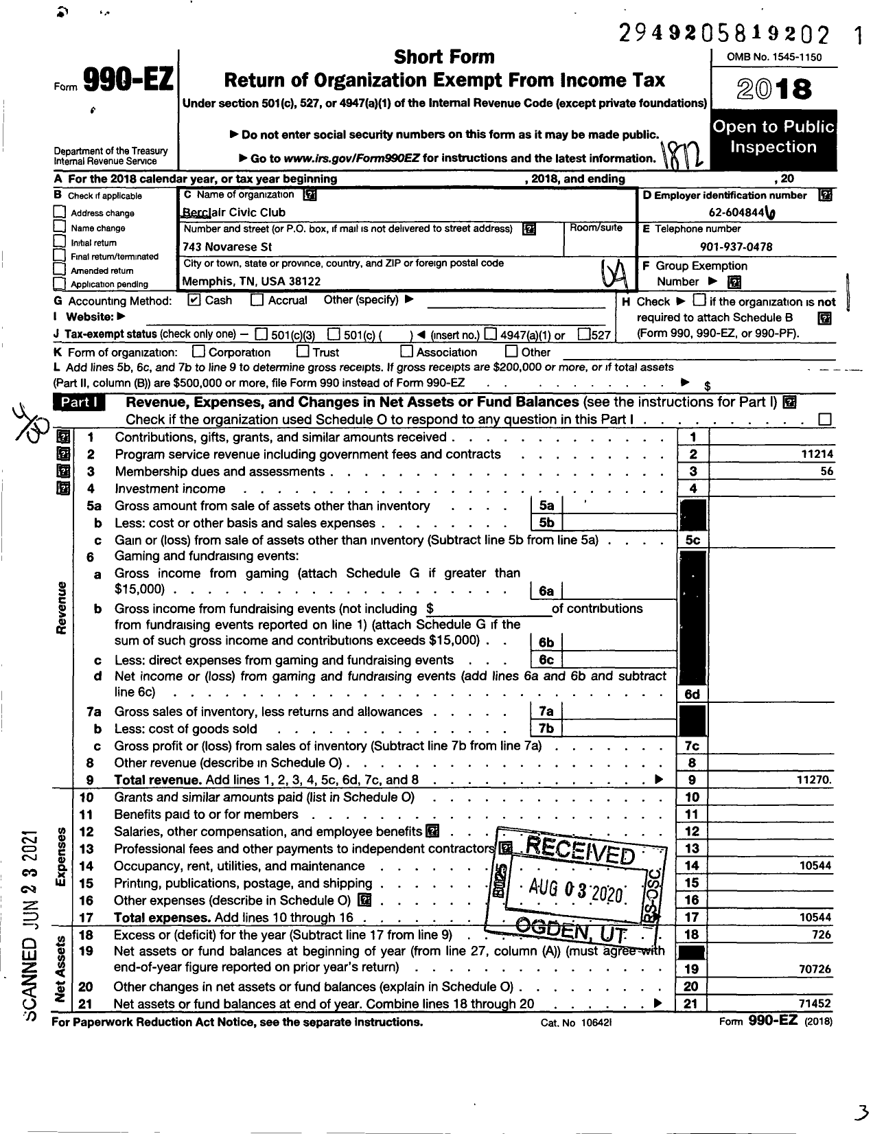 Image of first page of 2018 Form 990EO for Berclair Civic Club