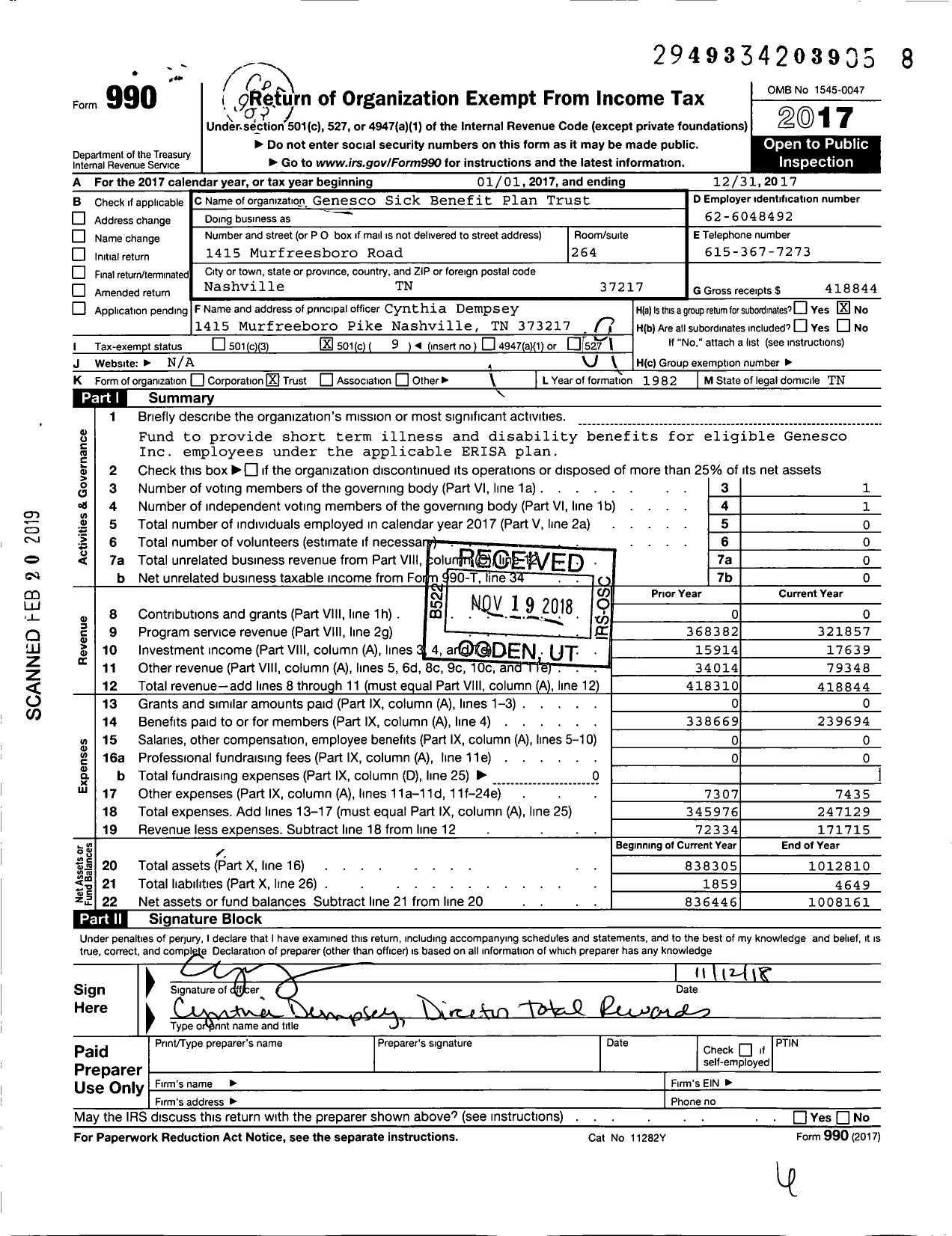 Image of first page of 2017 Form 990O for Genesco Inc Short Term Disability Plan