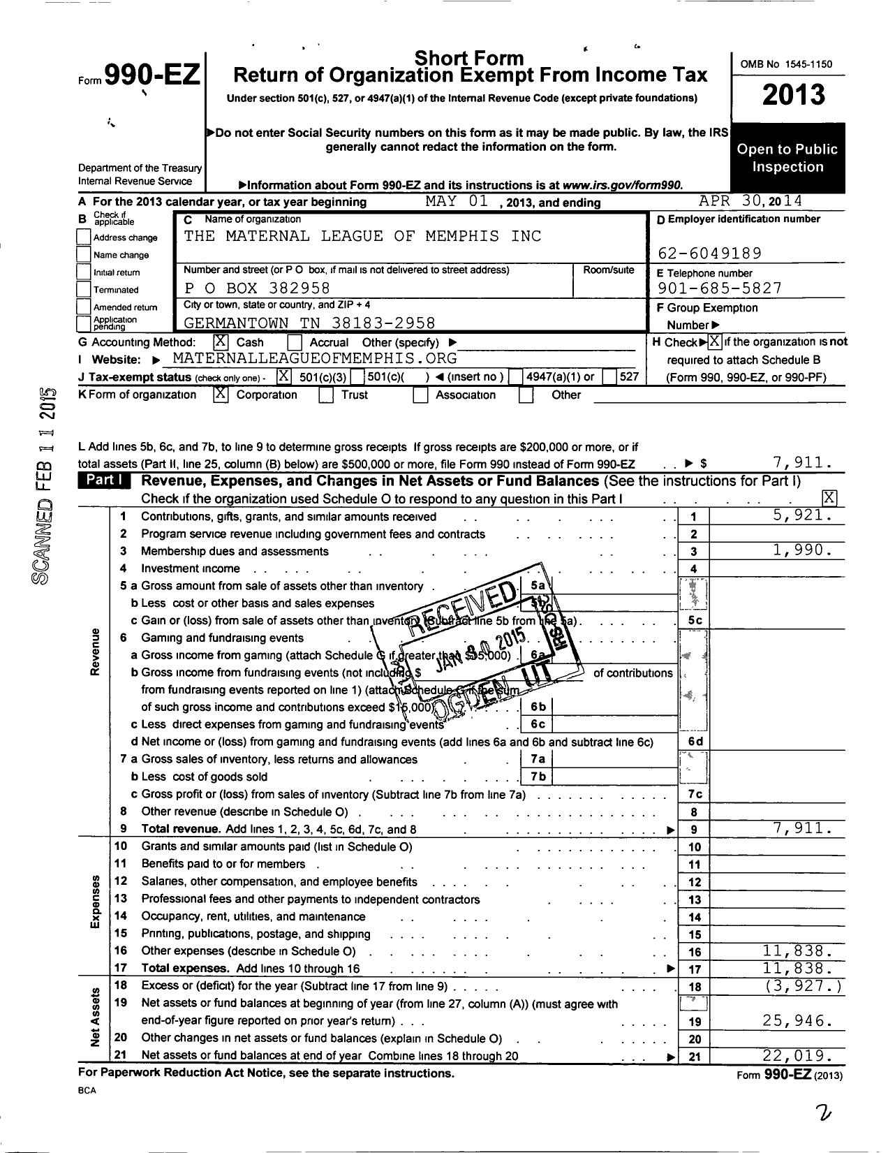 Image of first page of 2013 Form 990EZ for Maternal Welfare League of Womens Clubs