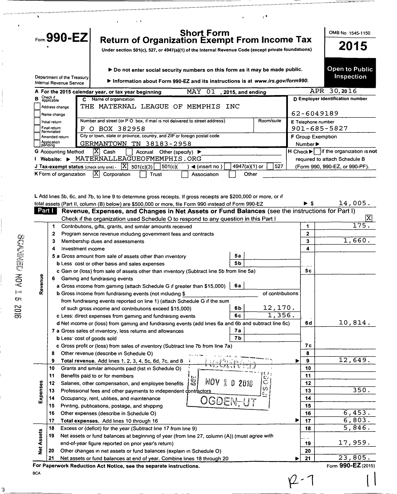 Image of first page of 2015 Form 990EZ for Maternal Welfare League of Womens Clubs