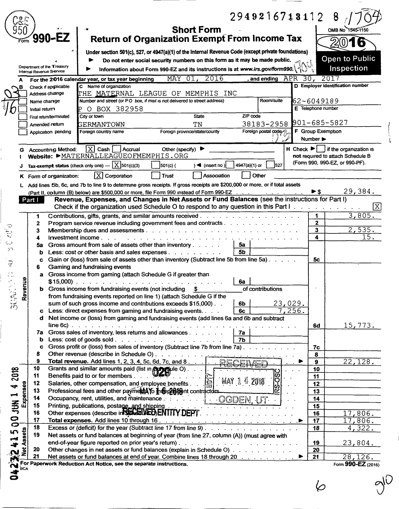 Image of first page of 2016 Form 990EZ for Maternal Welfare League of Womens Clubs