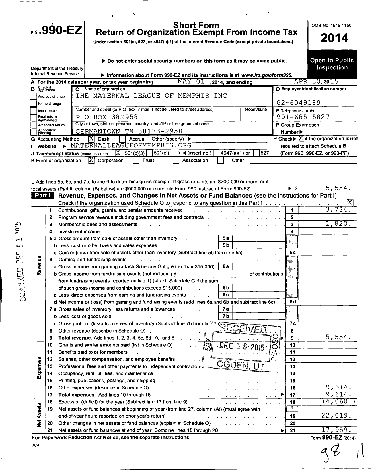 Image of first page of 2014 Form 990EZ for Maternal Welfare League of Womens Clubs