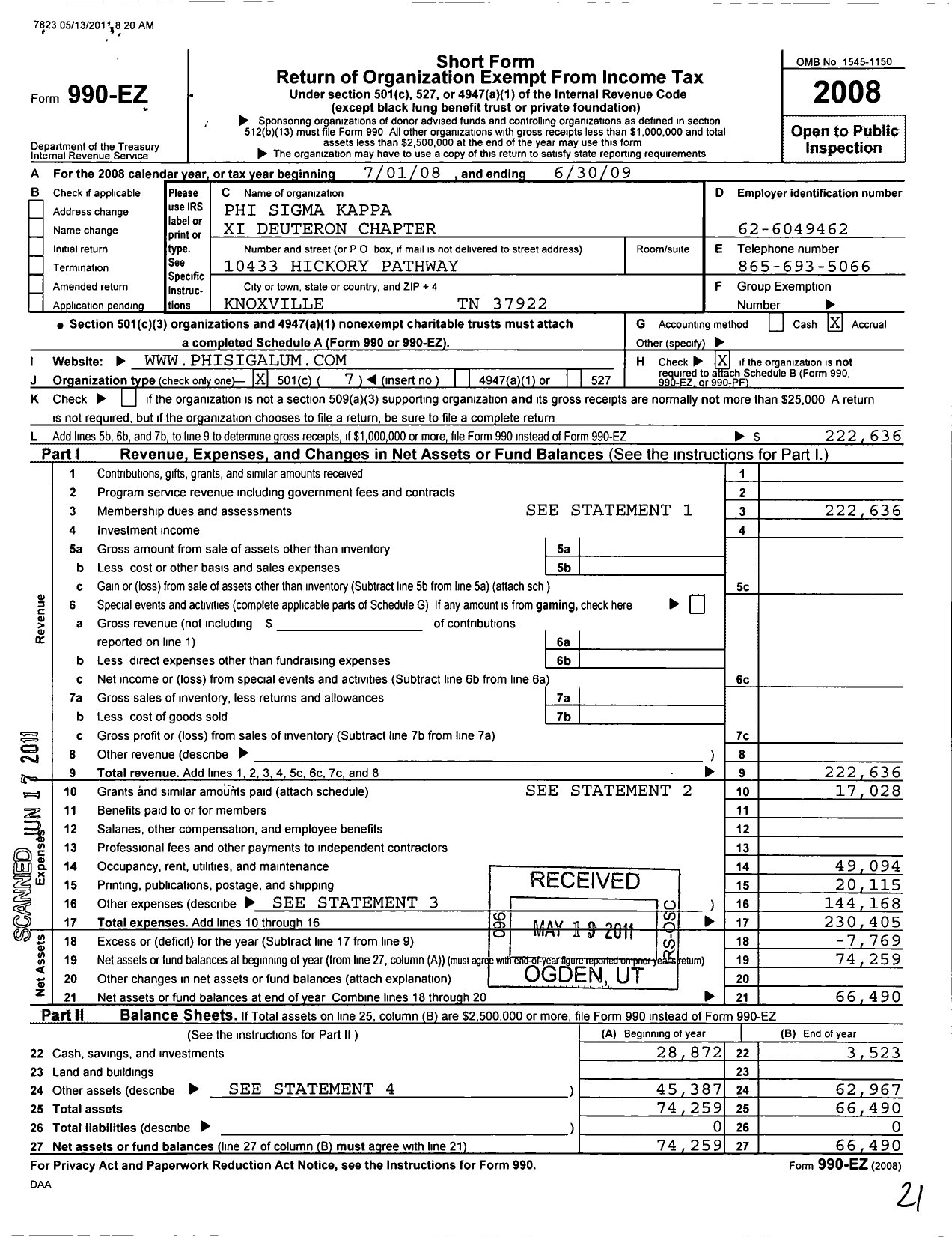 Image of first page of 2008 Form 990EO for Phi Sigma Kappa Xi Deuteron Chapter