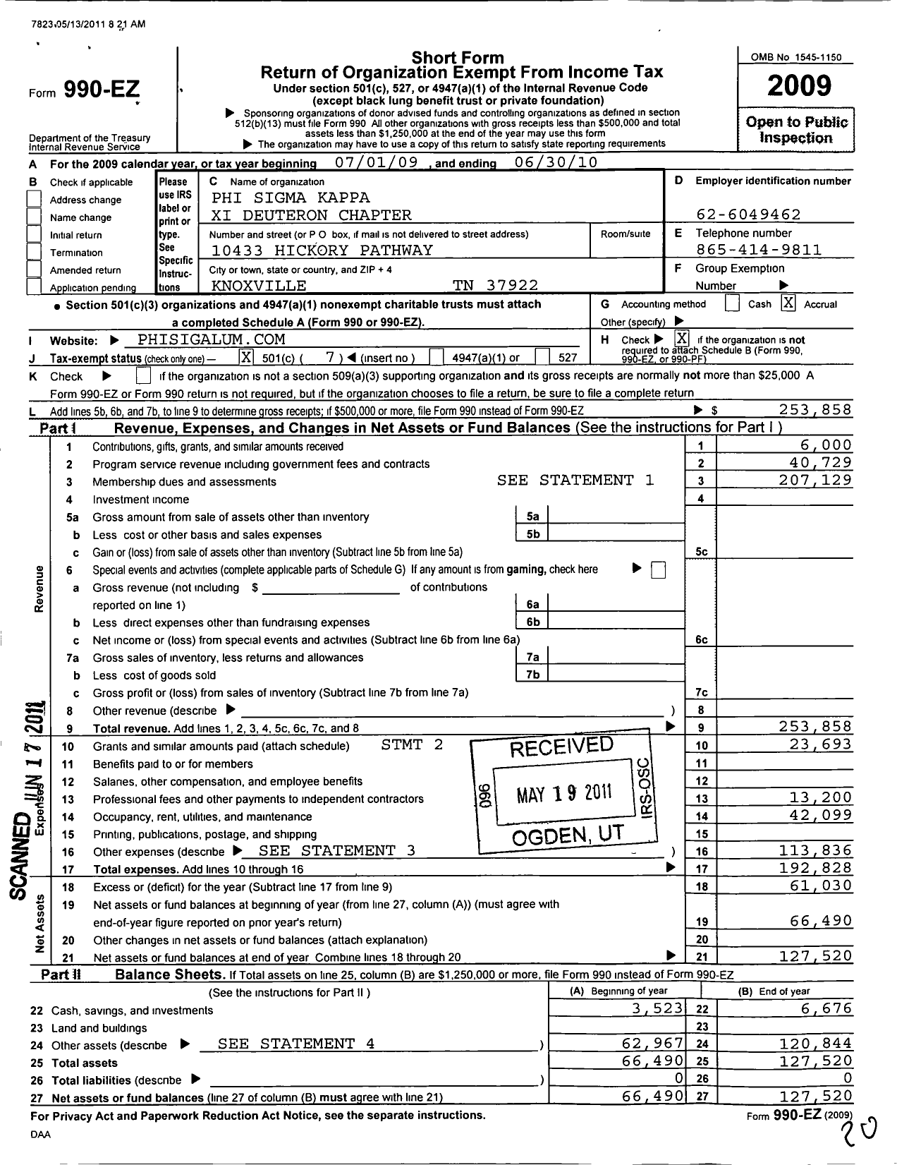 Image of first page of 2009 Form 990EO for Phi Sigma Kappa Xi Deuteron Chapter