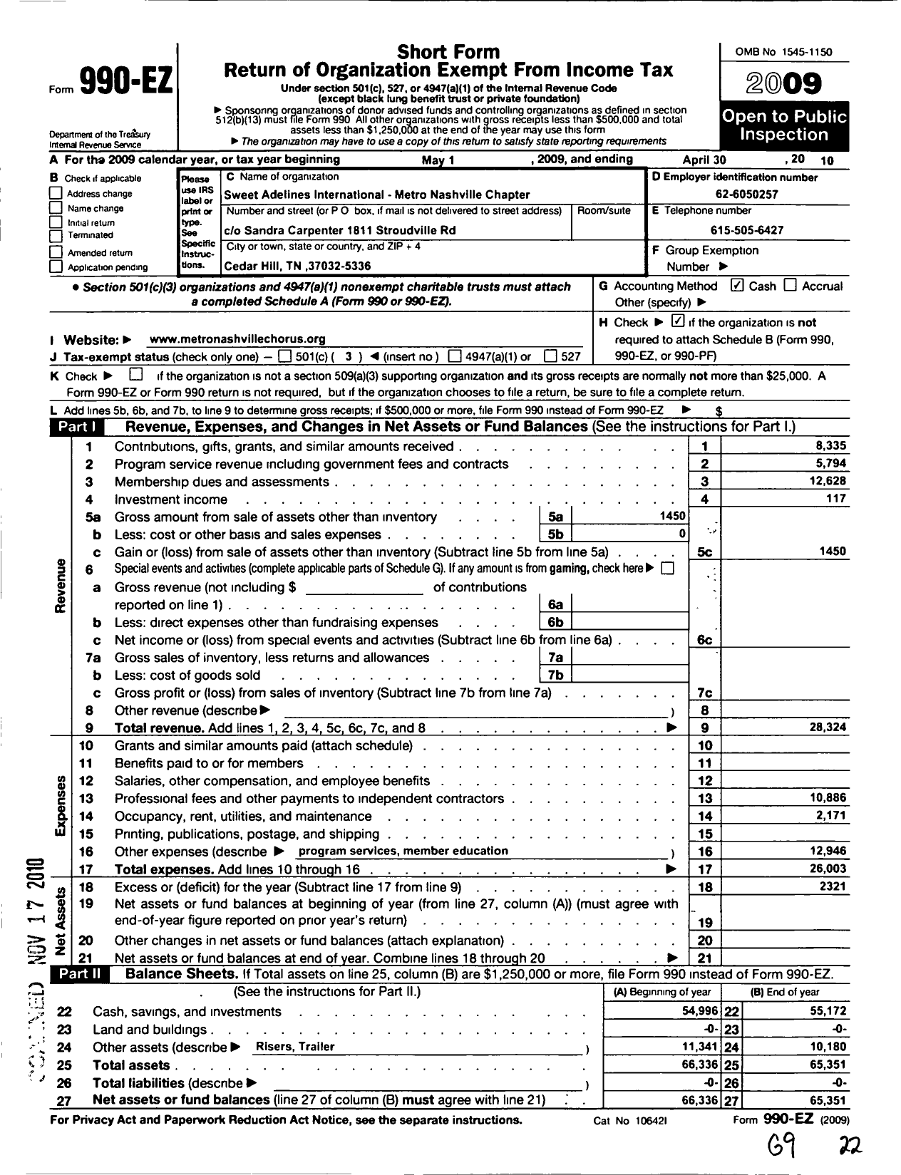 Image of first page of 2009 Form 990EZ for Sweet Adelines International - Metro Nashville