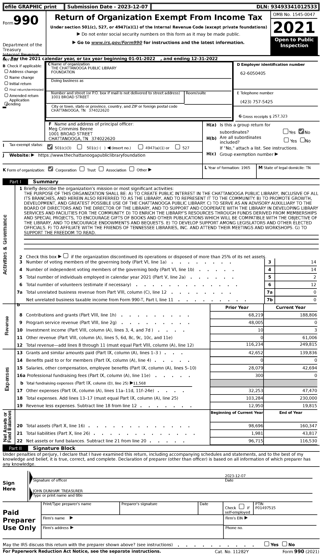 Image of first page of 2022 Form 990 for The Chattanooga Public Library Foundation