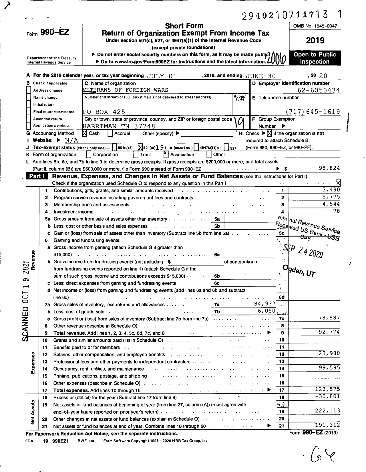 Image of first page of 2019 Form 990EO for Veterans of Foreign Wars of the United States Dept of Tennessee - 6598 Goldston Whitson Chapman Post