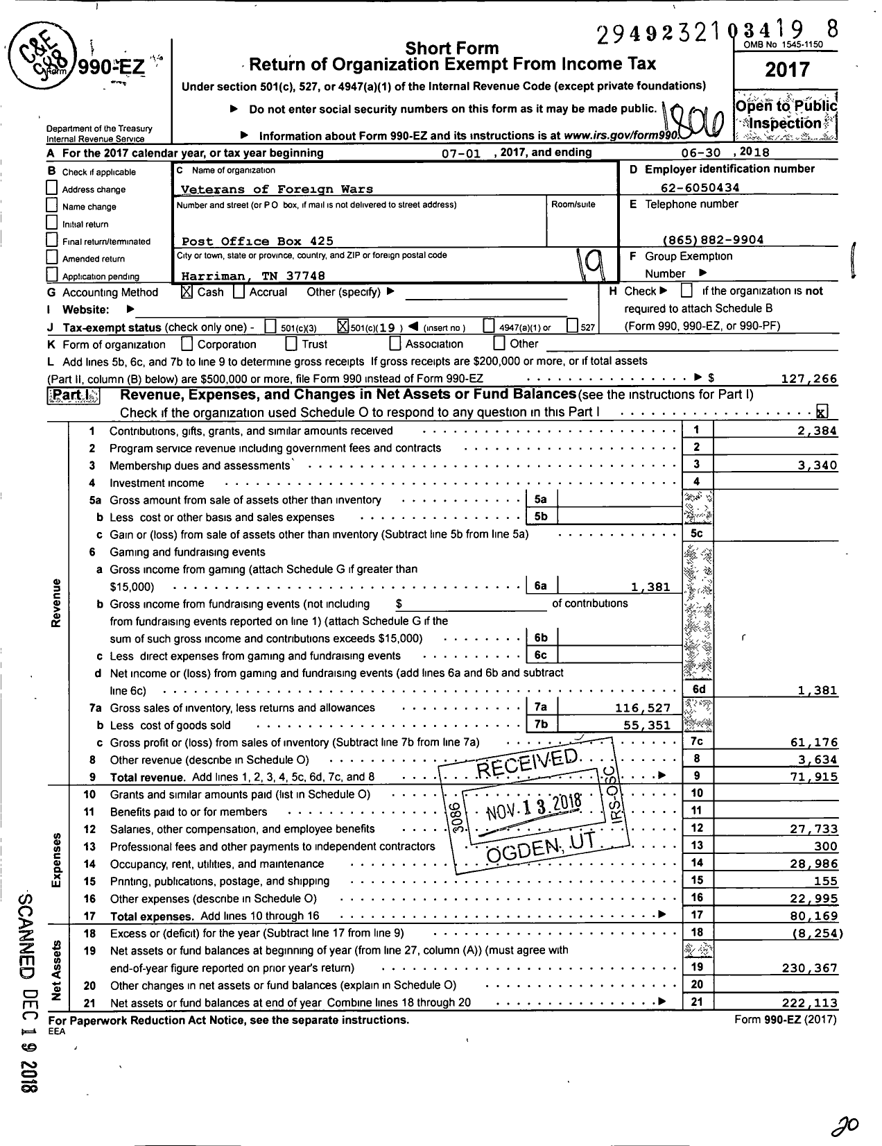 Image of first page of 2017 Form 990EO for Veterans of Foreign Wars of the United States Dept of Tennessee - 6598 Goldston Whitson Chapman Post