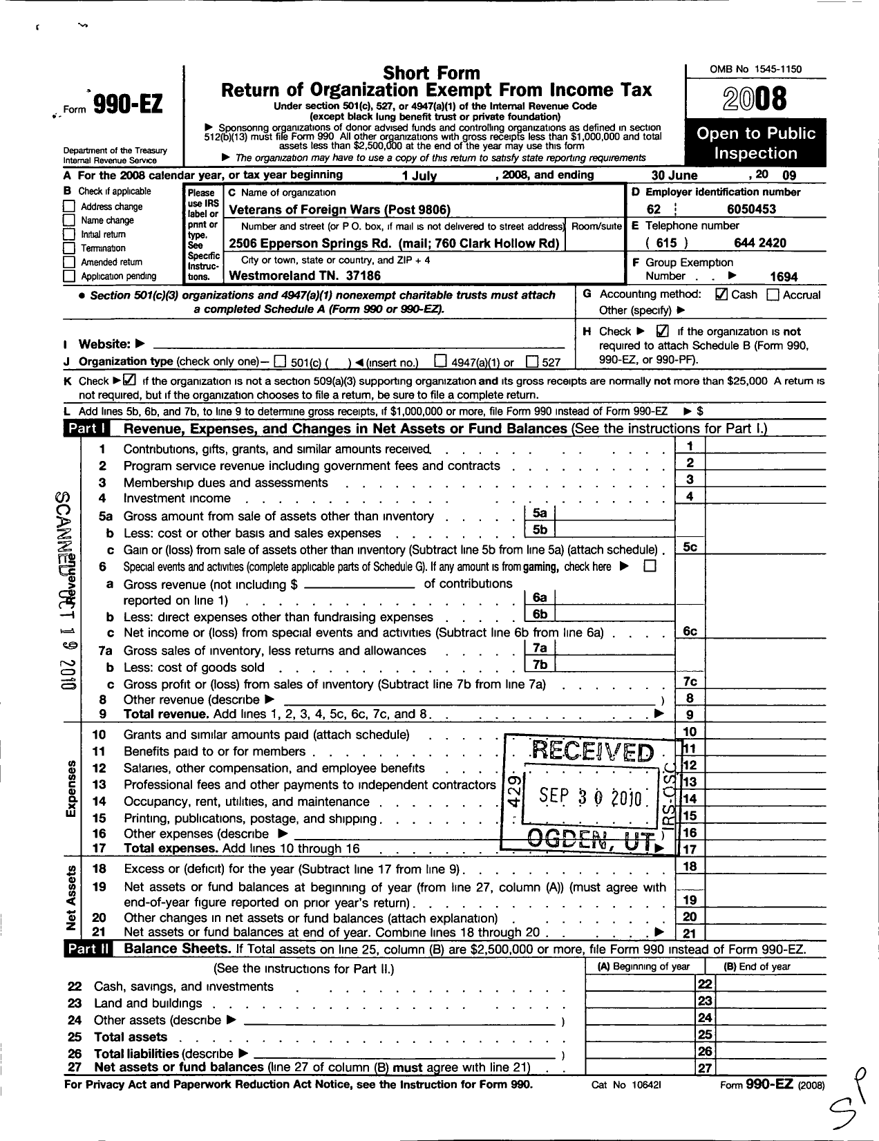 Image of first page of 2008 Form 990EO for Veterans of Foreign Wars of the United States Dept of Tennessee - 9806 Westmoreland Post