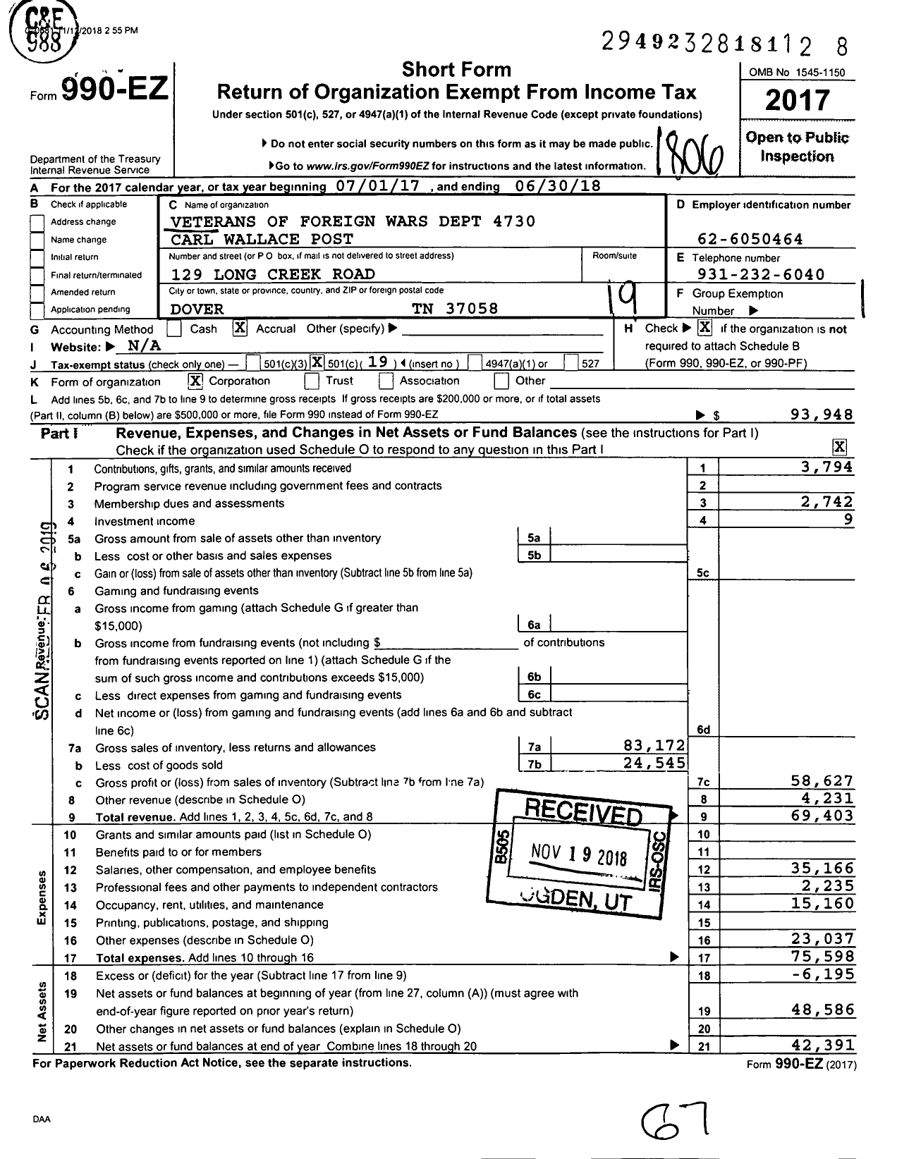 Image of first page of 2017 Form 990EO for Veterans of Foreign Wars of the Untied States Dept of Tennessee - 4730 Carl Wallace Post