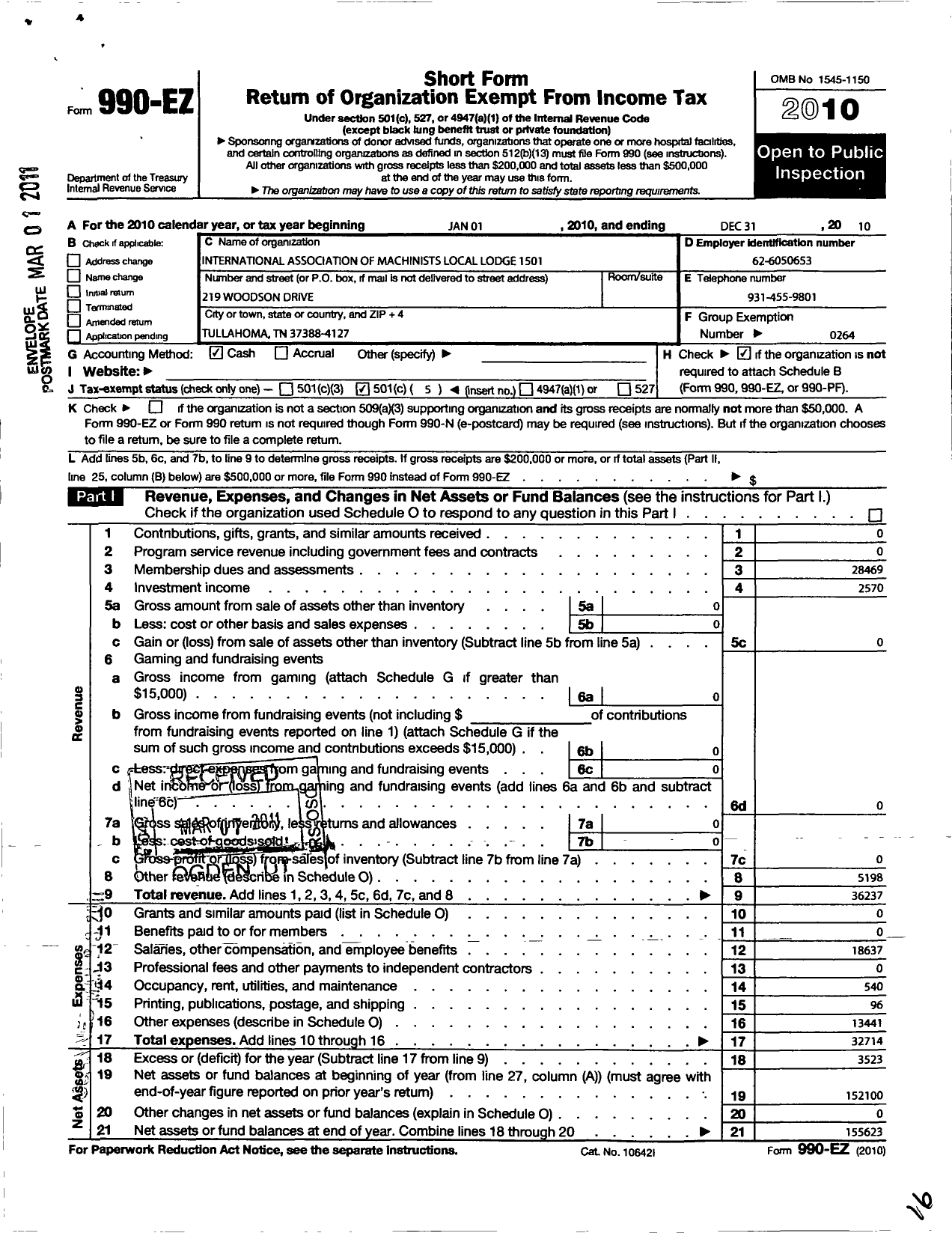Image of first page of 2010 Form 990EO for International Association of Machinists and Aerospace Workers - 1501