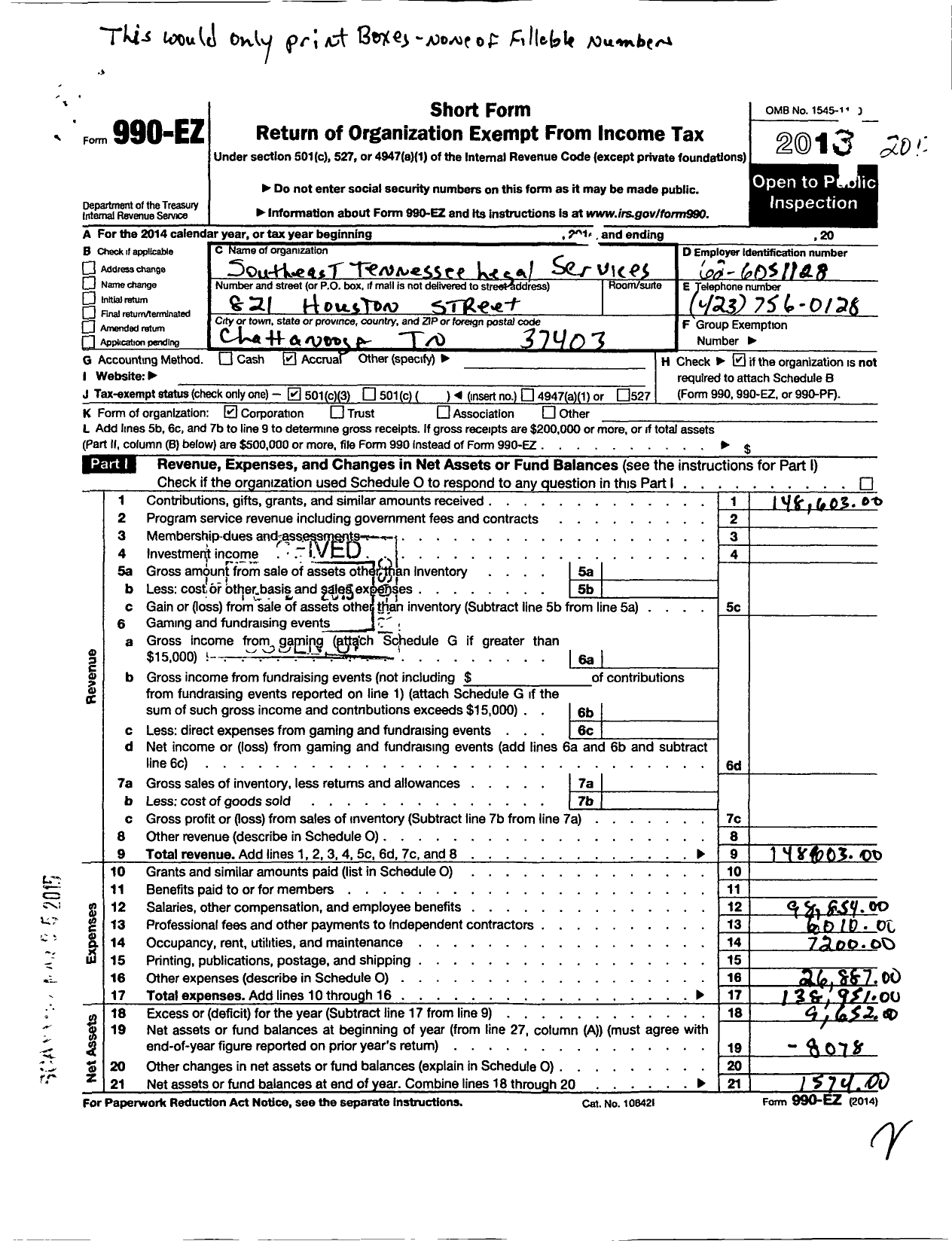 Image of first page of 2013 Form 990EZ for Southeast Tennessee Legal Services