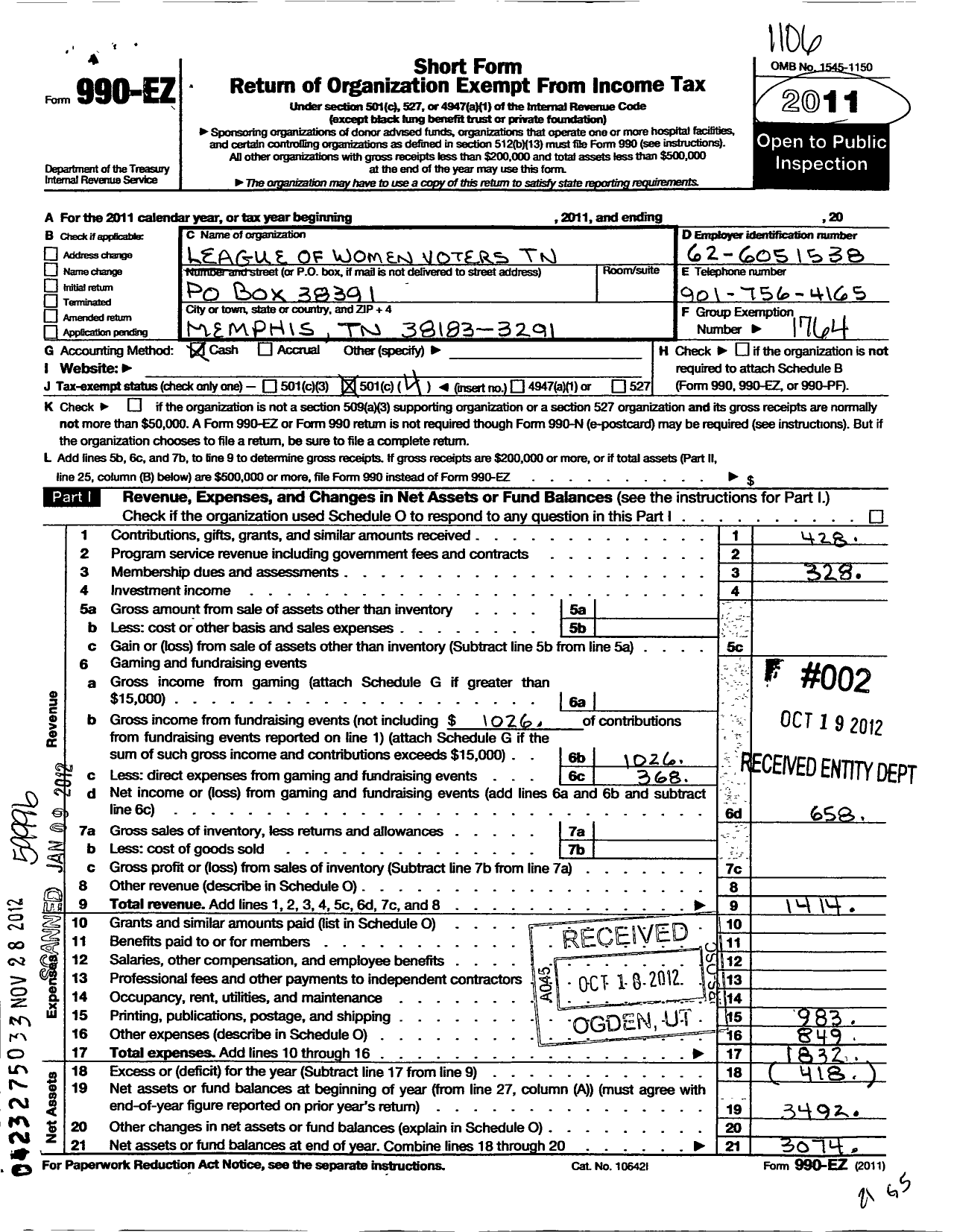 Image of first page of 2010 Form 990EO for League of Women Voters of Tennessee / Memphis-Shelby County