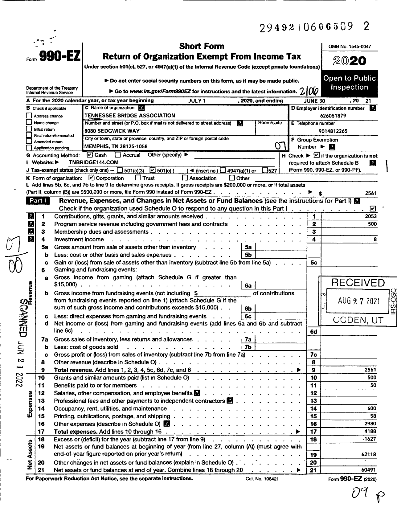 Image of first page of 2020 Form 990EO for Tenn Bridge Association