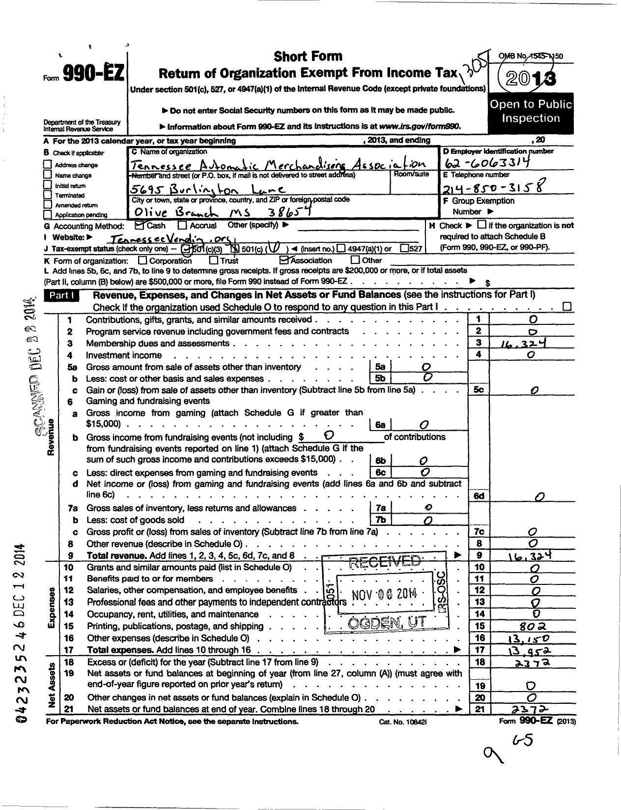 Image of first page of 2012 Form 990EO for Tennessee Automatic Merchandising Association