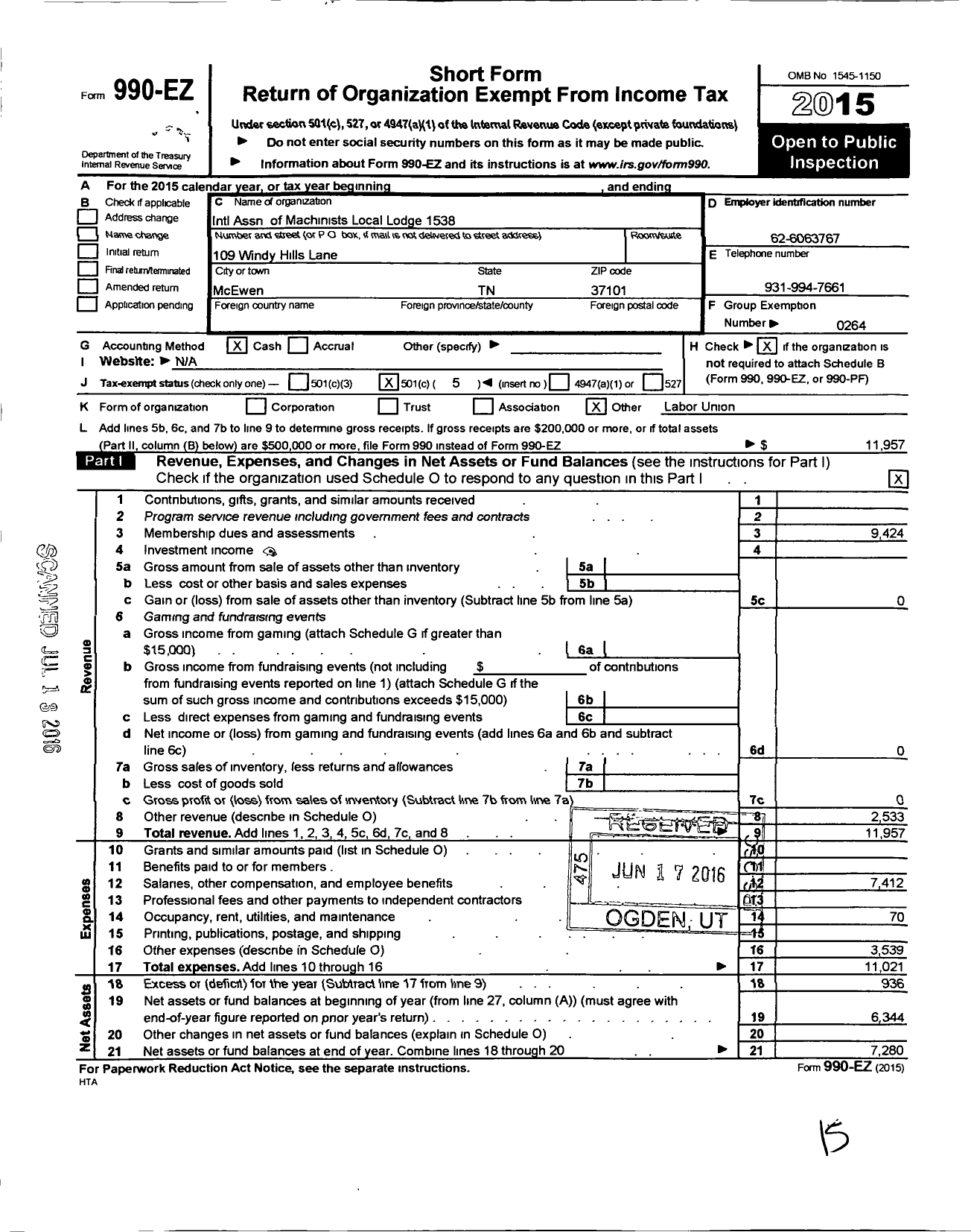 Image of first page of 2015 Form 990EO for International Association of Machinists and Aerospace Workers - 1538 Iam