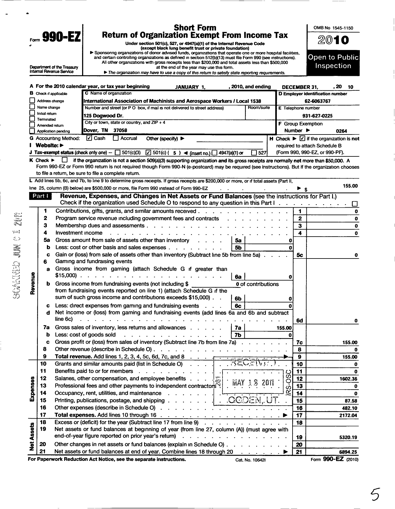 Image of first page of 2010 Form 990EO for International Association of Machinists and Aerospace Workers - 1538 Iam