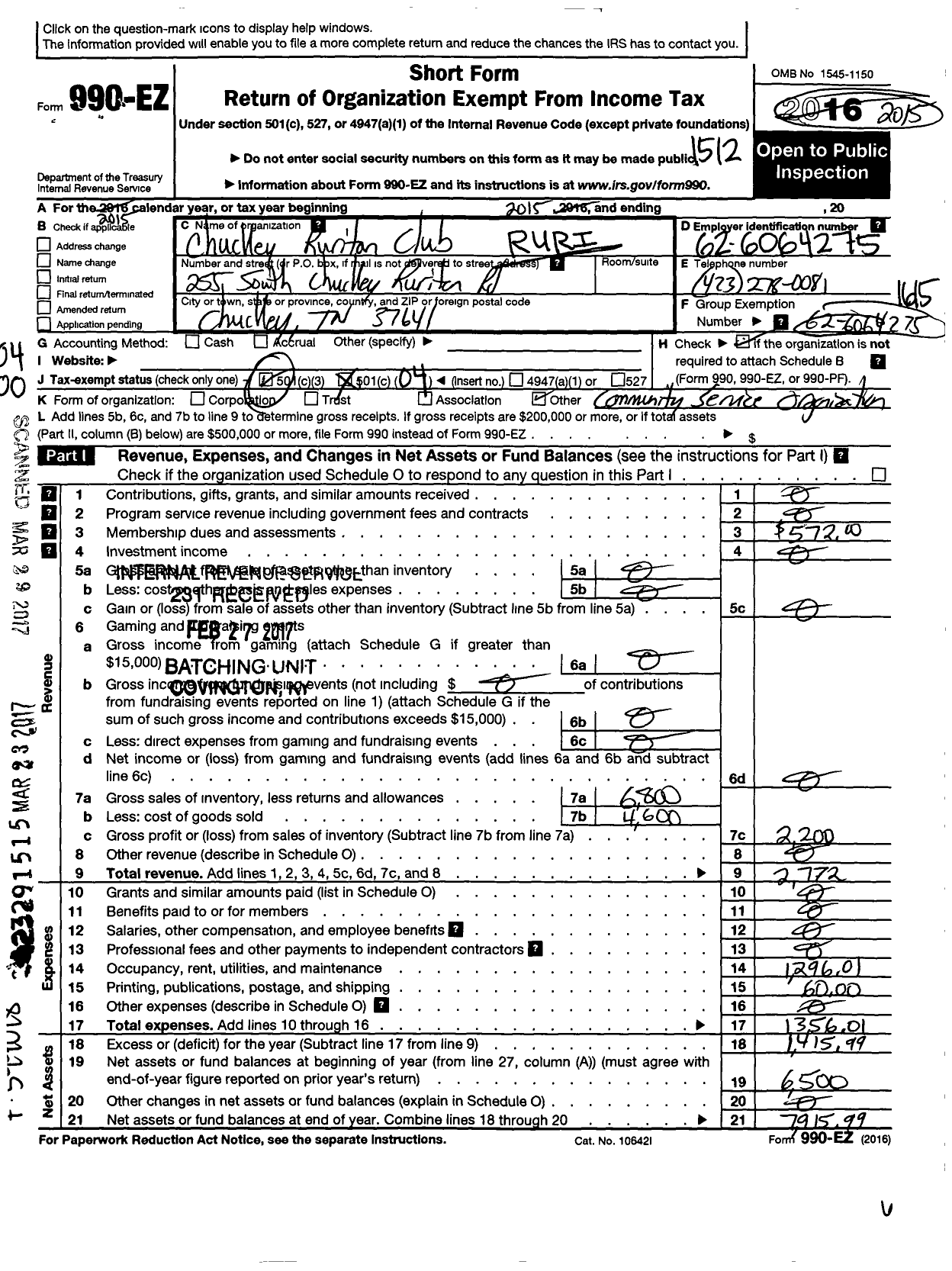 Image of first page of 2015 Form 990EO for Ruritan National Corporation / Chuckey