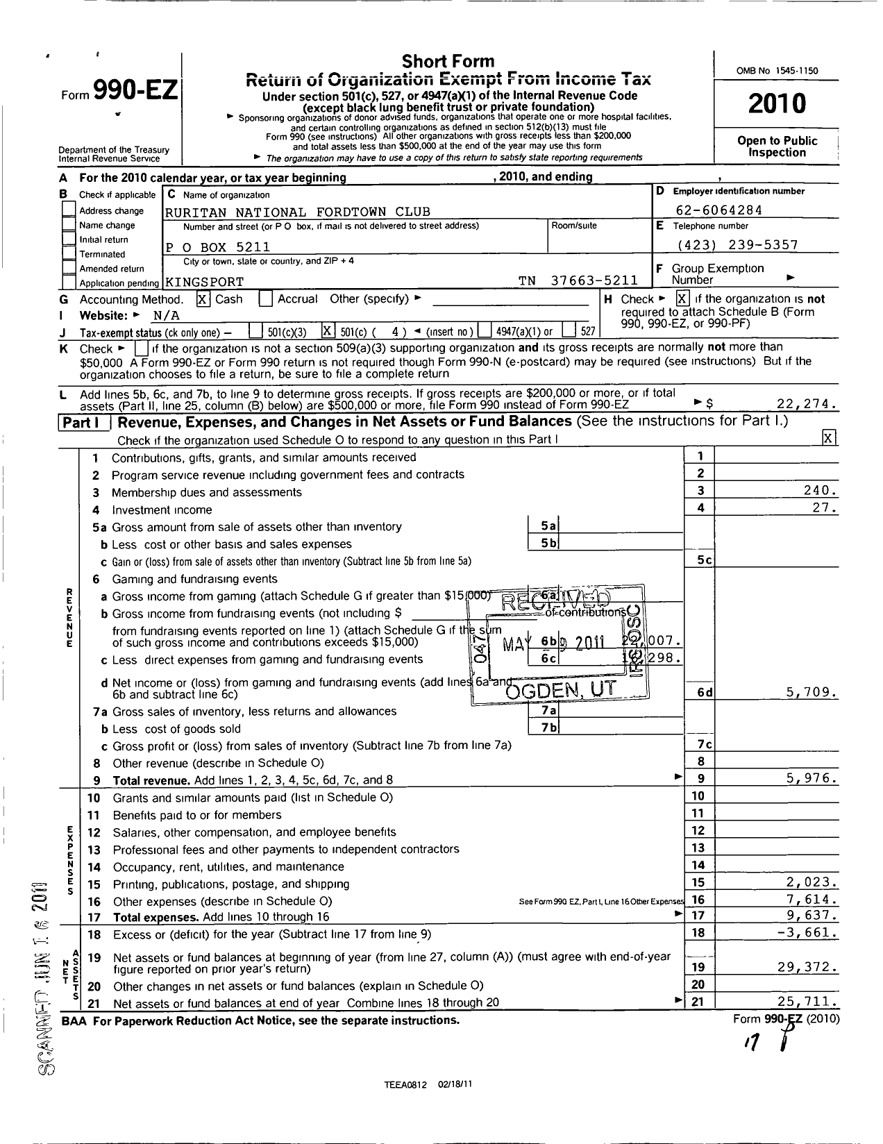 Image of first page of 2010 Form 990EO for Ruritan National Corporation