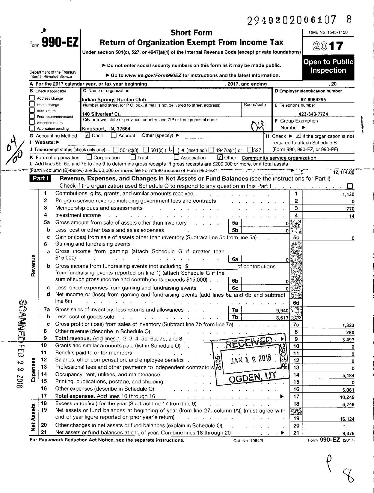 Image of first page of 2017 Form 990EO for Ruritan - Indian Springs Tenn