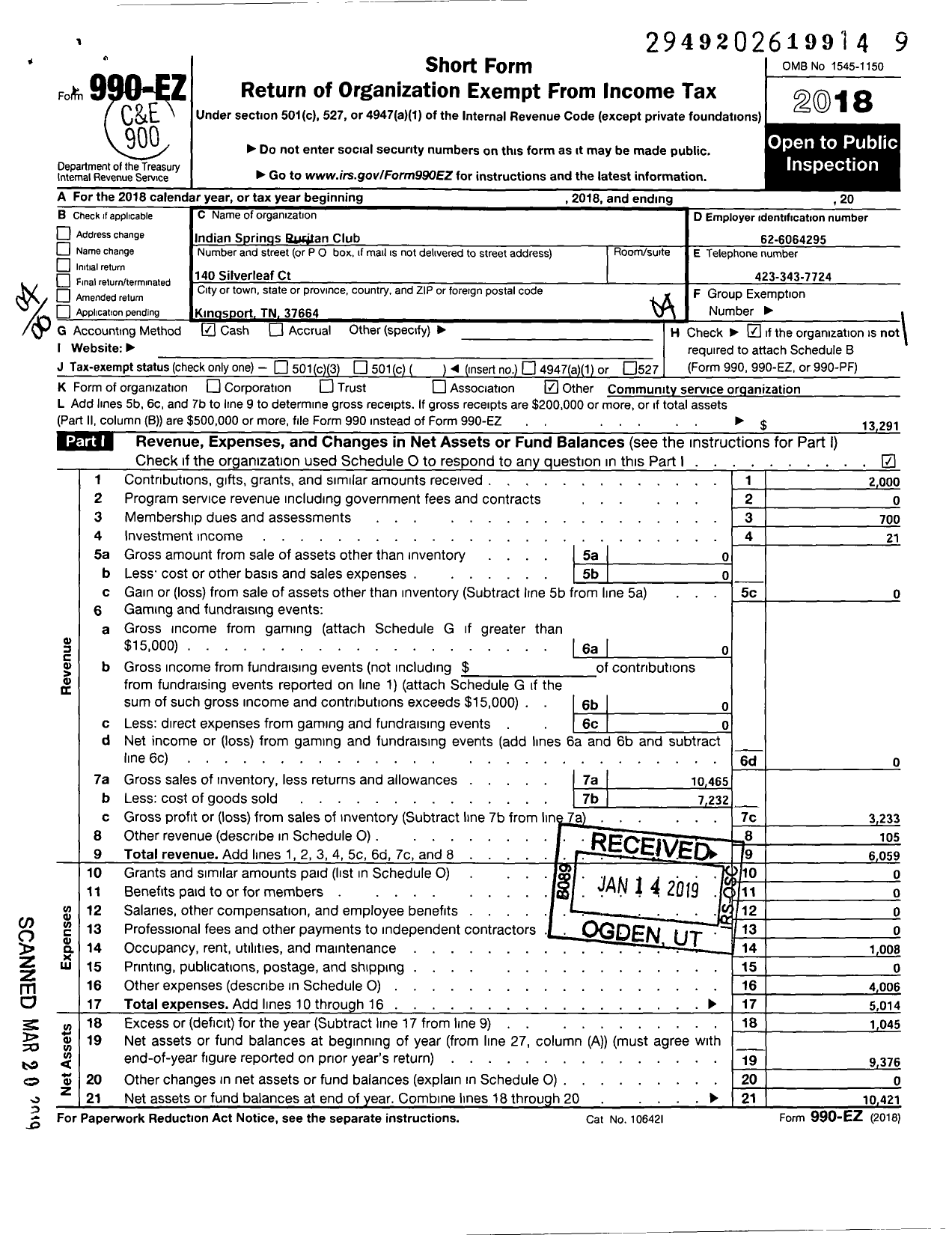 Image of first page of 2018 Form 990EO for Ruritan - Indian Springs Tenn