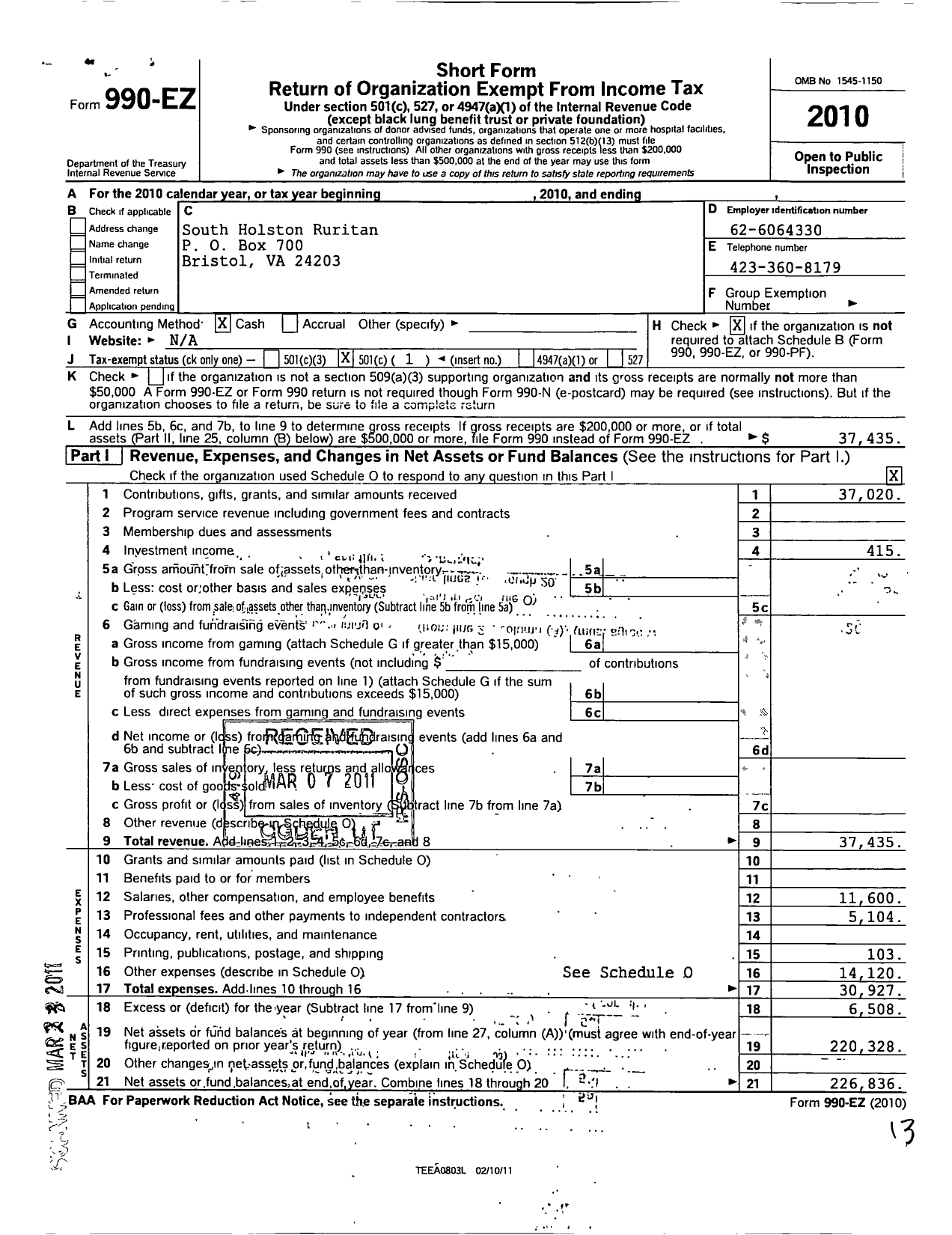 Image of first page of 2010 Form 990EO for Ruritan - South Holston