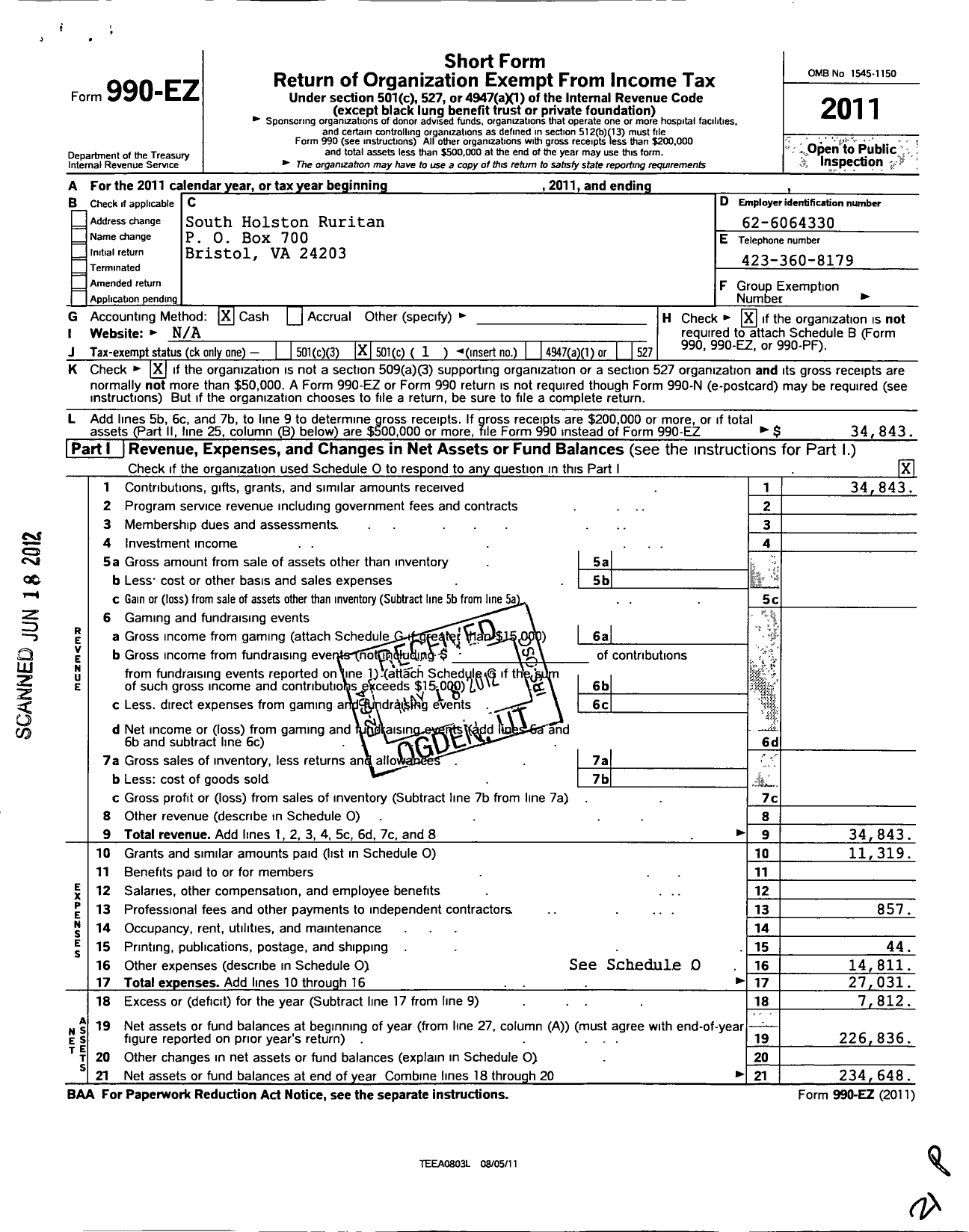 Image of first page of 2011 Form 990EO for Ruritan - South Holston