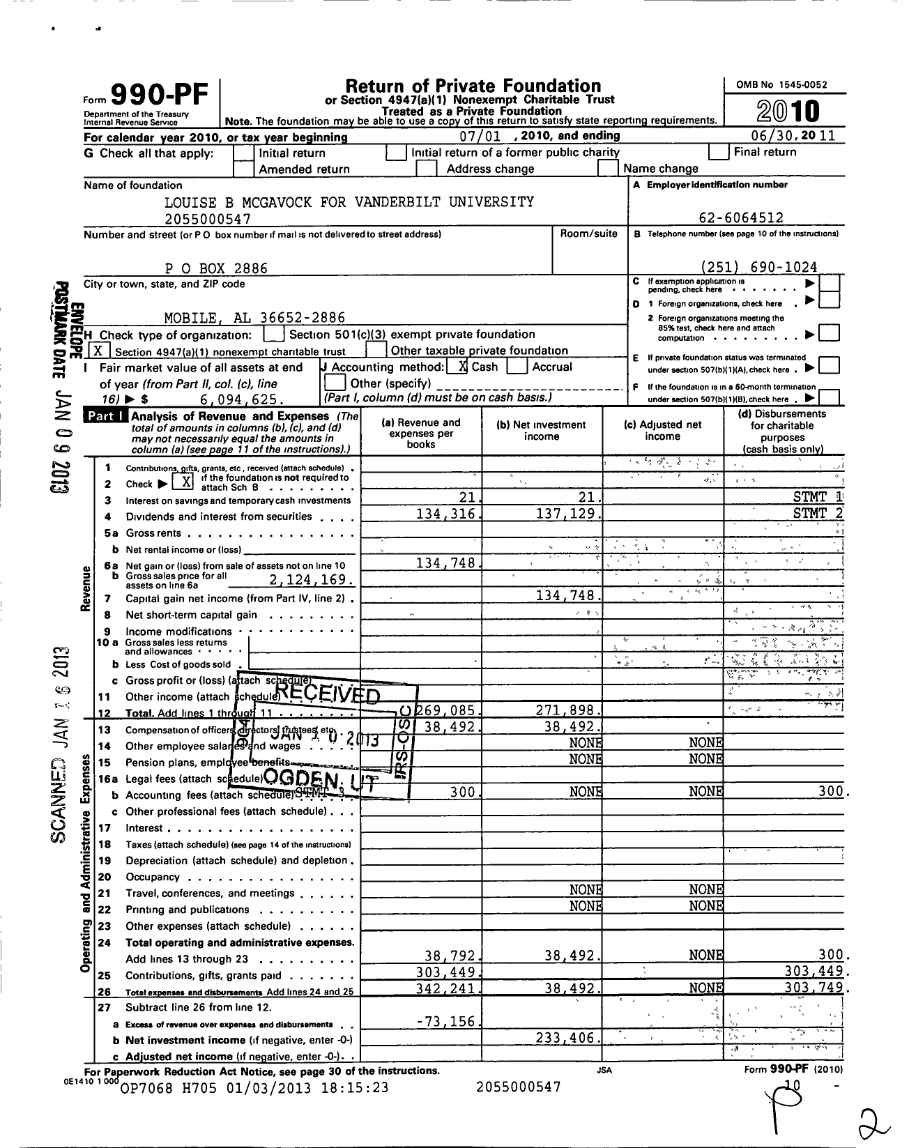 Image of first page of 2010 Form 990PF for Louise B Mcgavock for Vanderbilt University