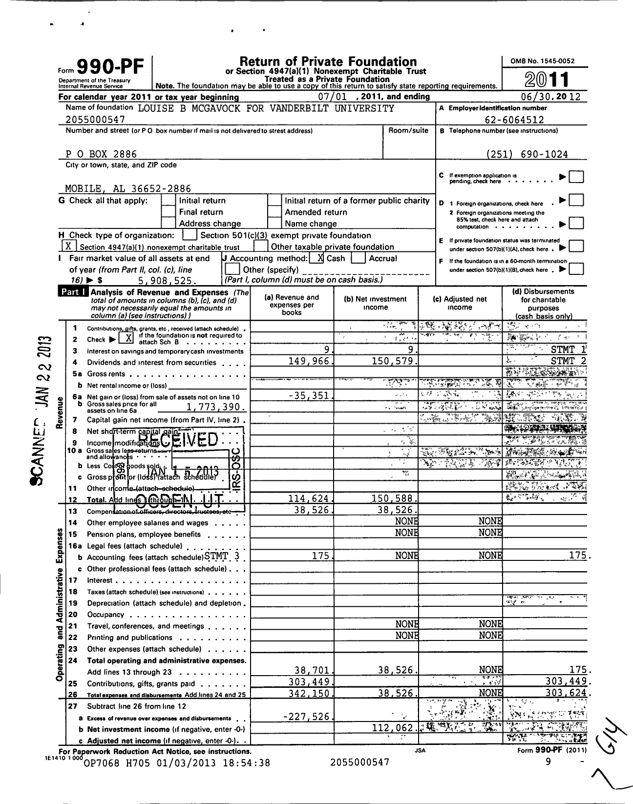 Image of first page of 2011 Form 990PF for Louise B Mcgavock for Vanderbilt University