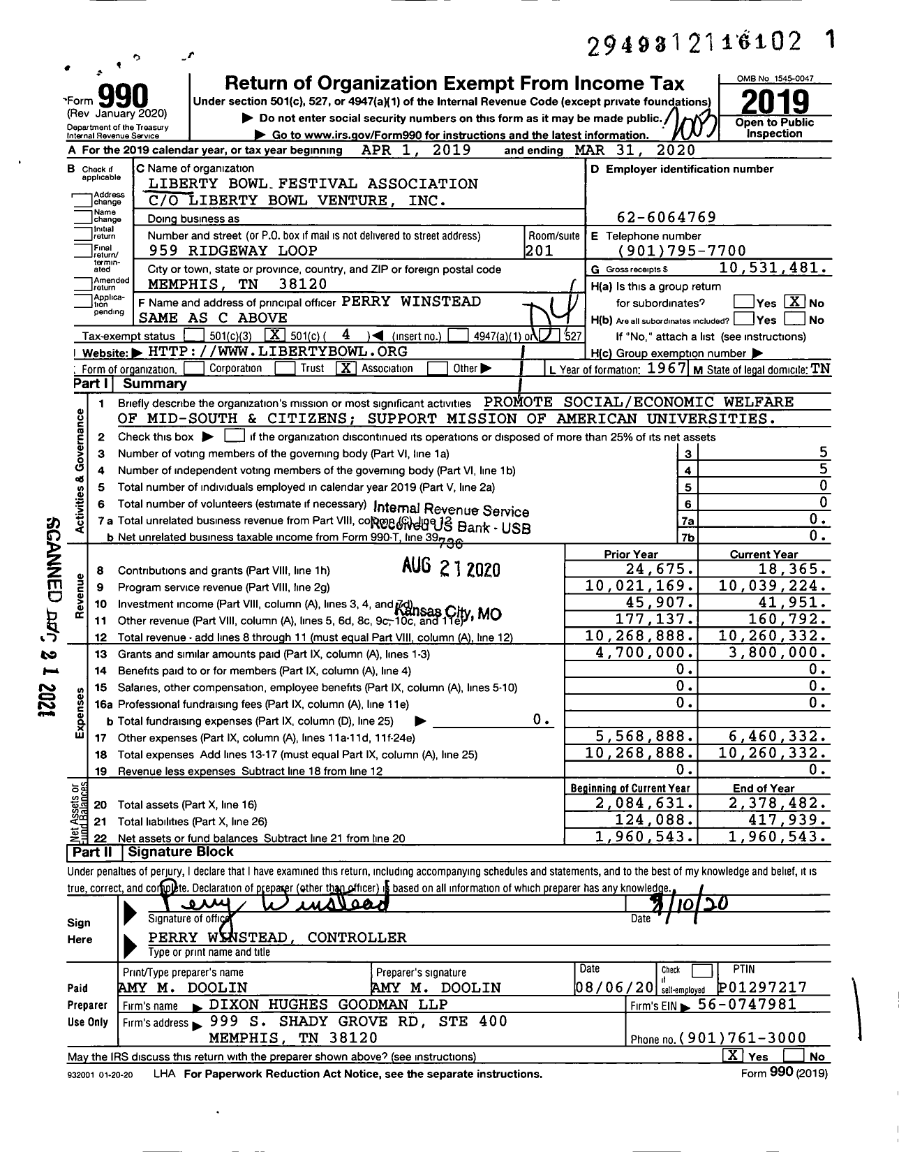 Image of first page of 2019 Form 990O for Liberty Bowl Festival Association