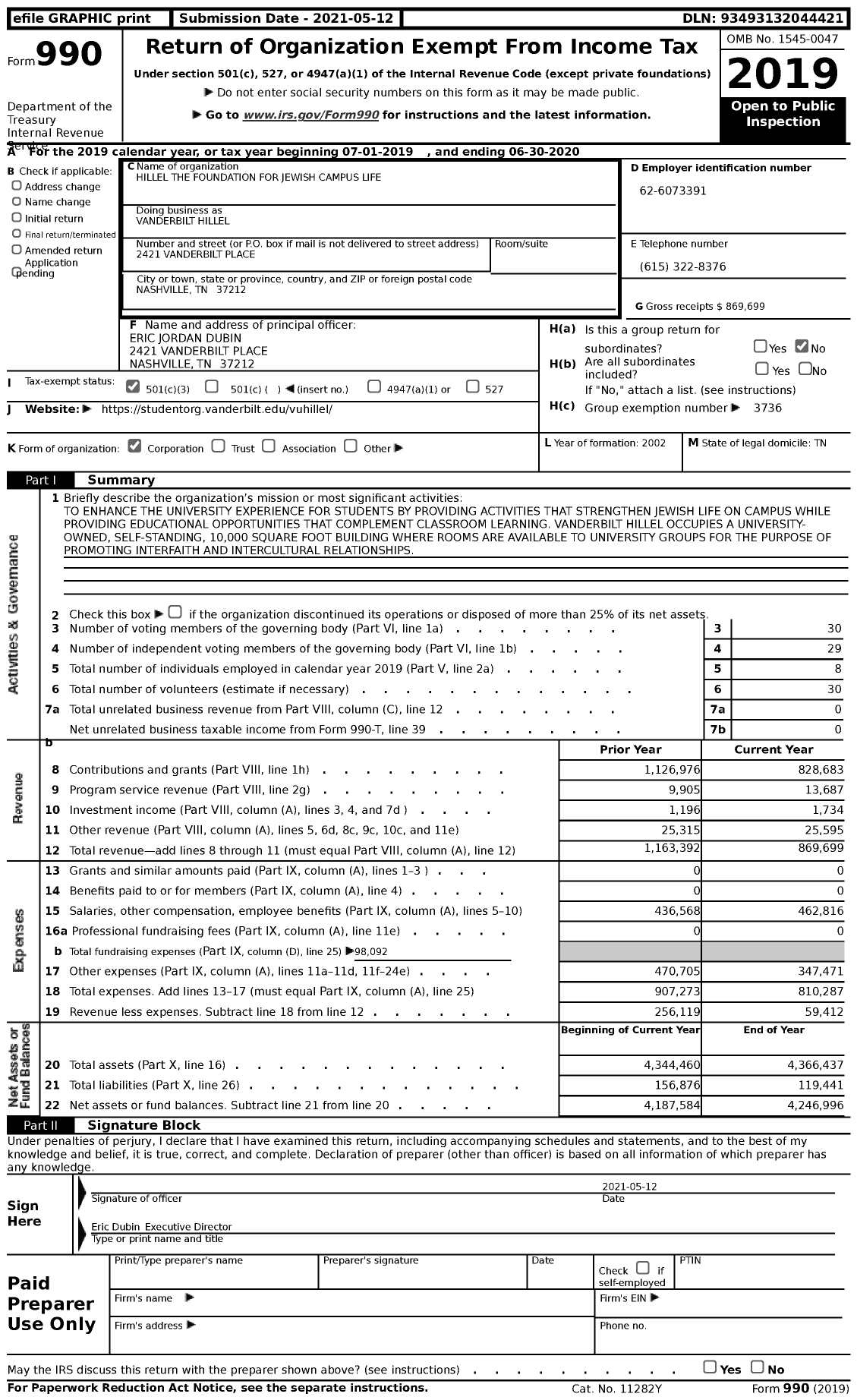 Image of first page of 2019 Form 990 for Vanderbilt Hillel