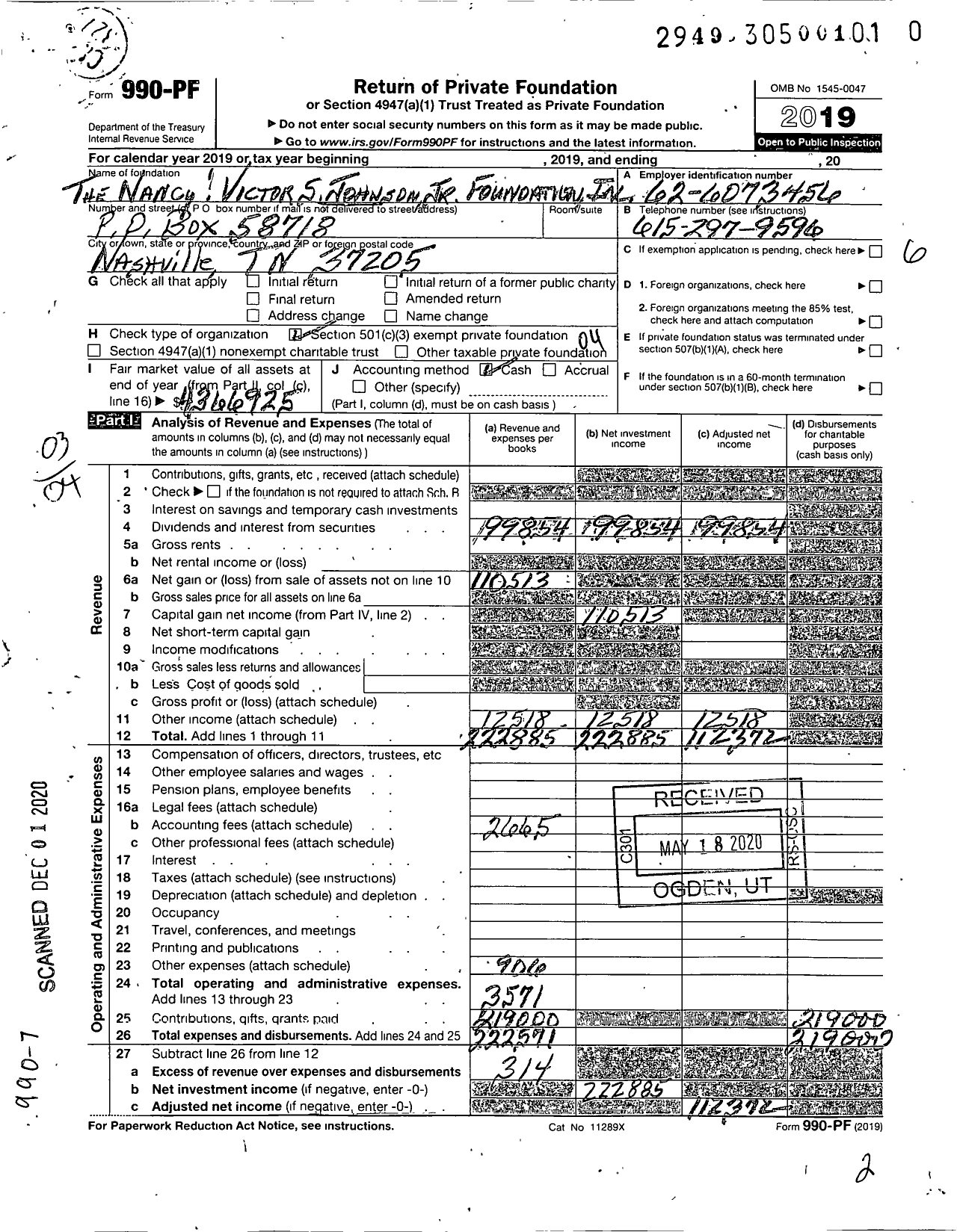 Image of first page of 2019 Form 990PF for The Nancy and Victor S Johnson Jr Foundation