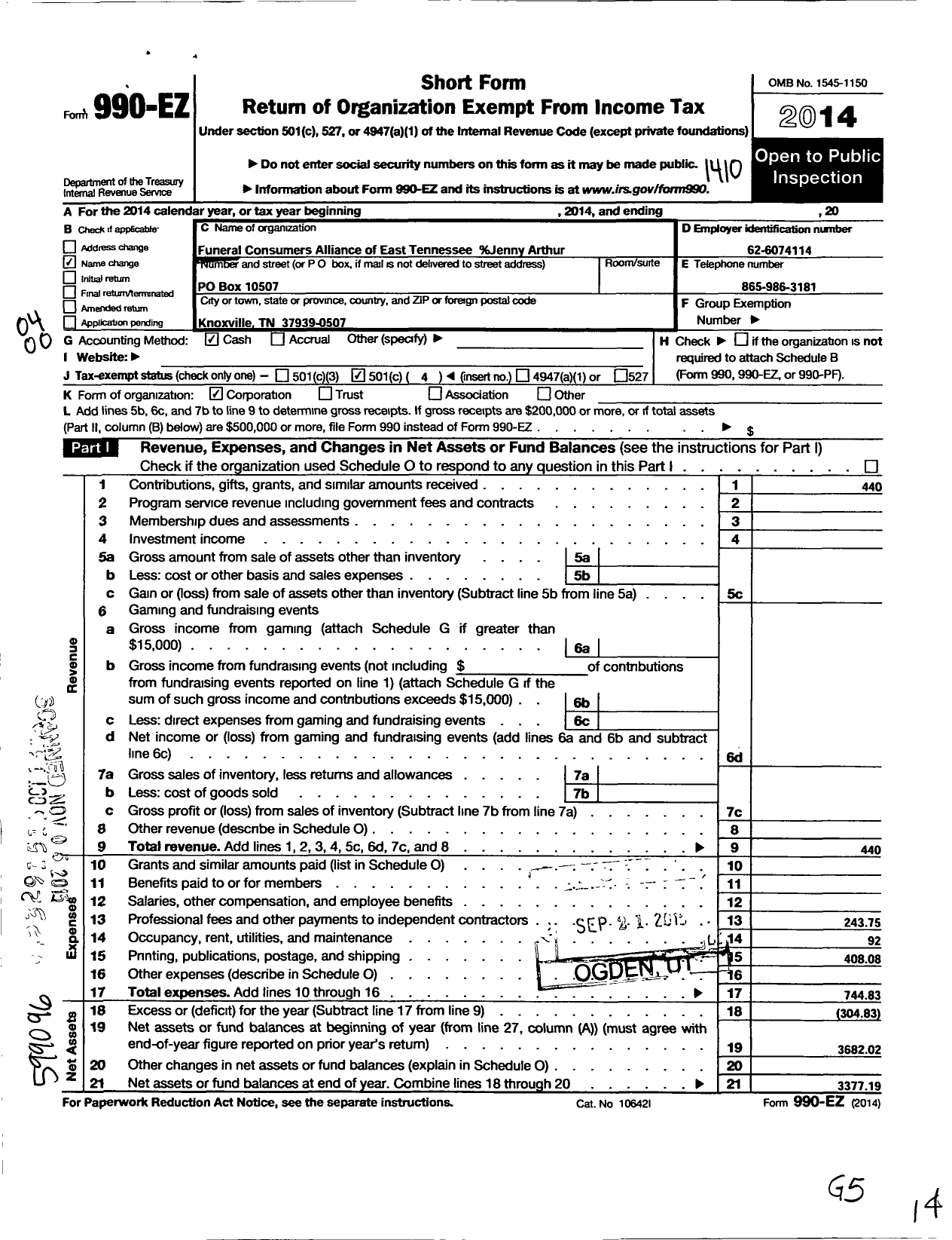 Image of first page of 2013 Form 990EO for Funeral Consumers Alliance of East Tennessee