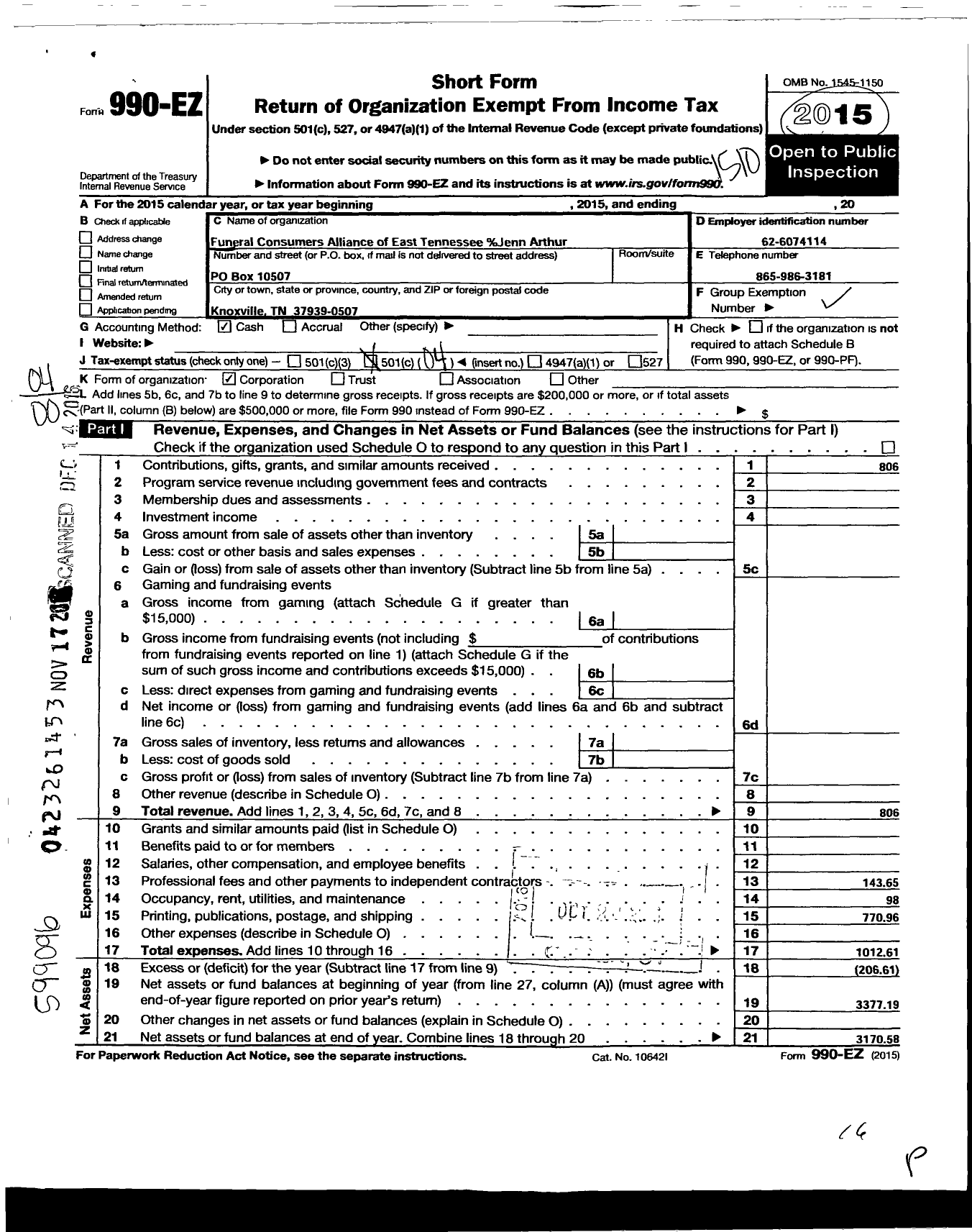 Image of first page of 2014 Form 990EO for Funeral Consumers Alliance of East Tennessee