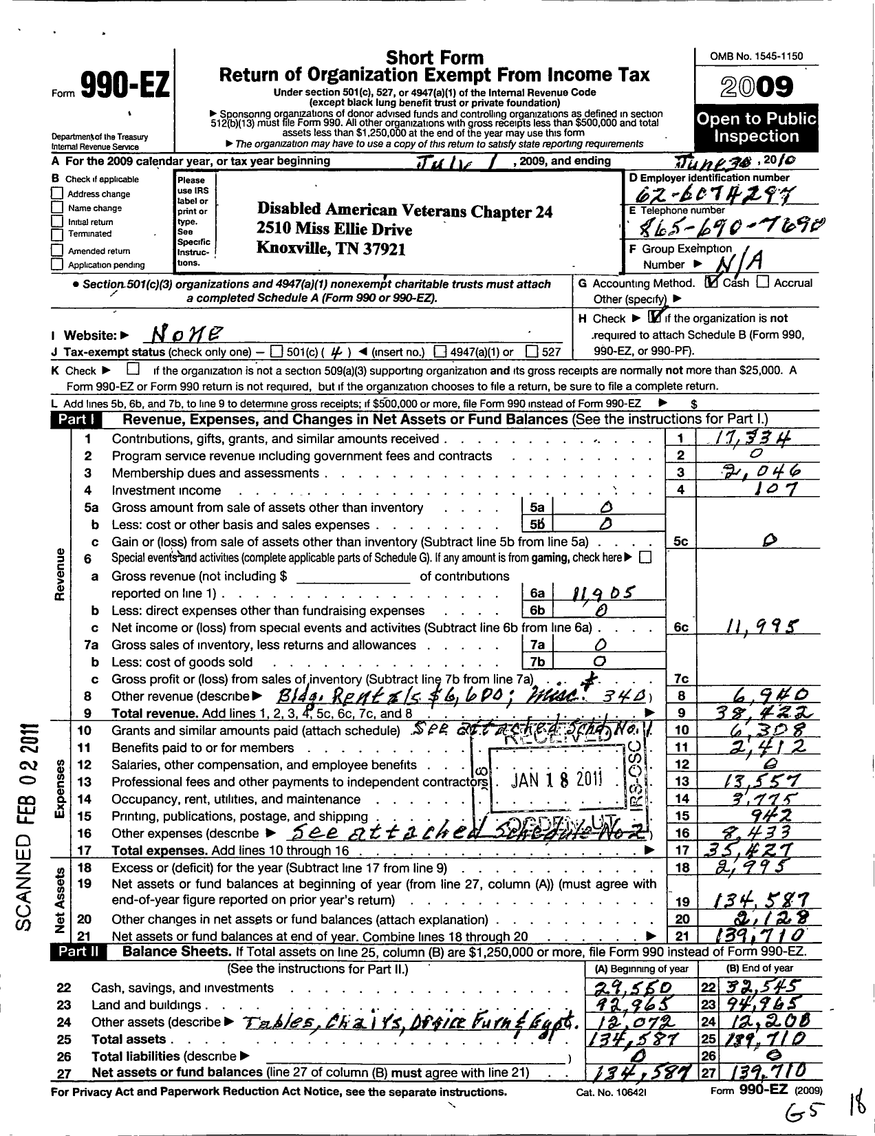 Image of first page of 2009 Form 990EO for Disabled American Veterans - 24 Knoxville