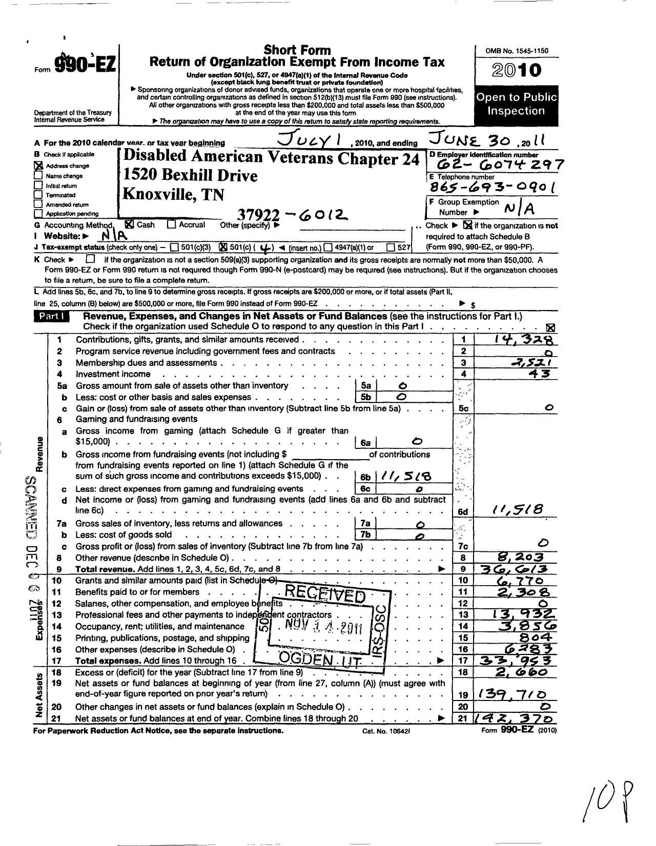 Image of first page of 2010 Form 990EO for Disabled American Veterans - 24 Knoxville