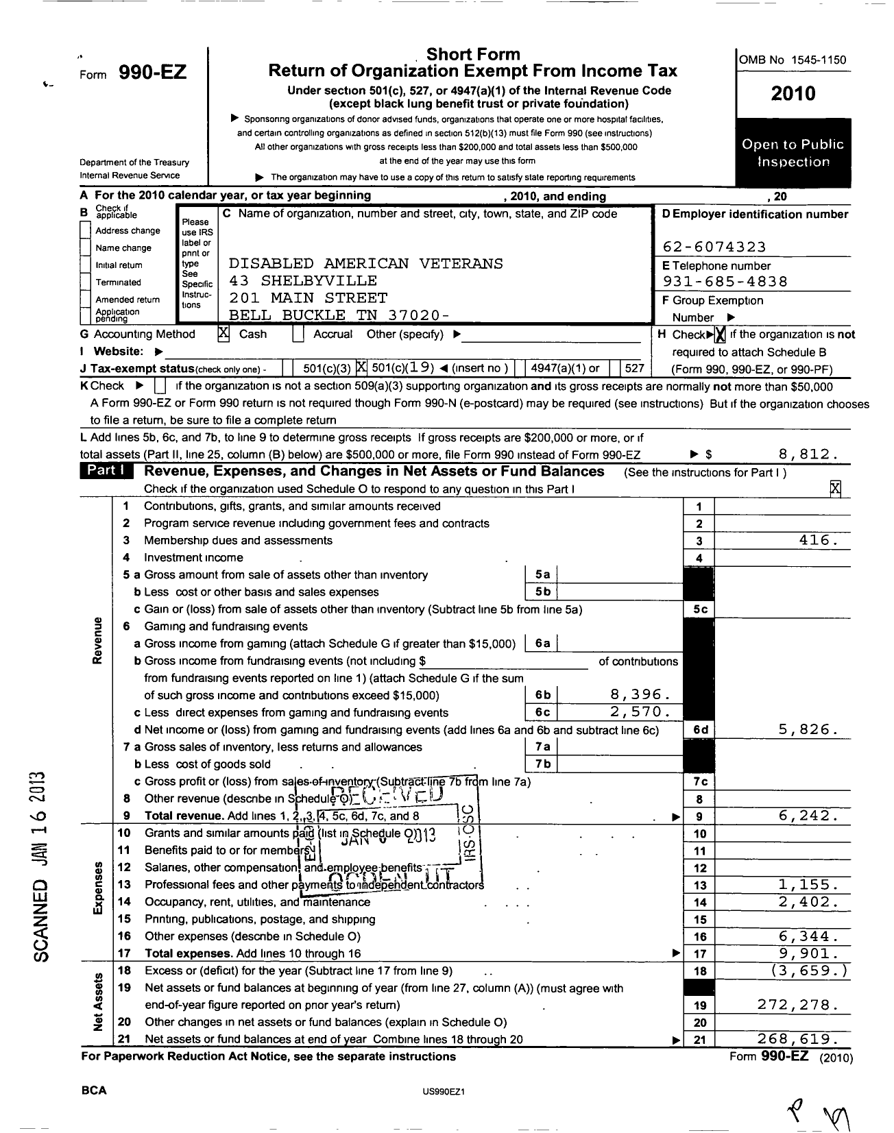 Image of first page of 2010 Form 990EO for Disabled American Veterans - 43 Shelbyville