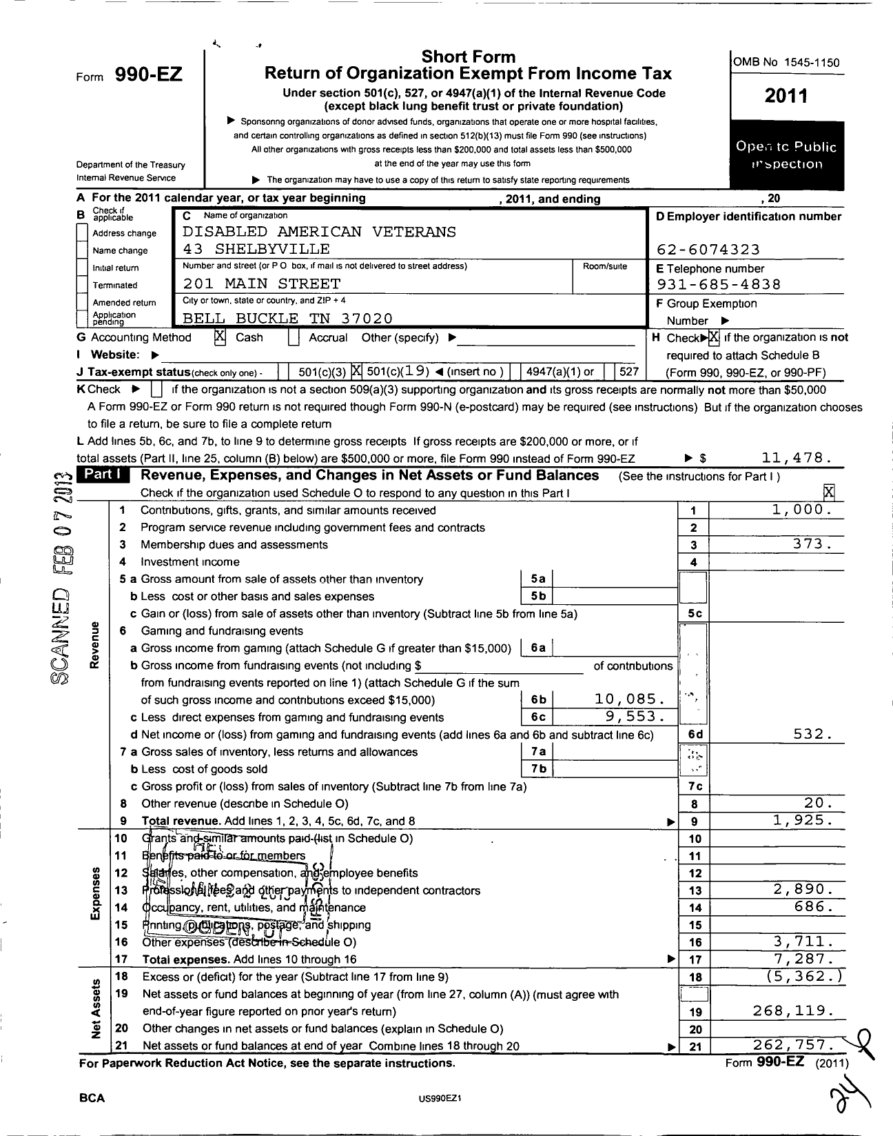 Image of first page of 2011 Form 990EO for Disabled American Veterans - 43 Shelbyville