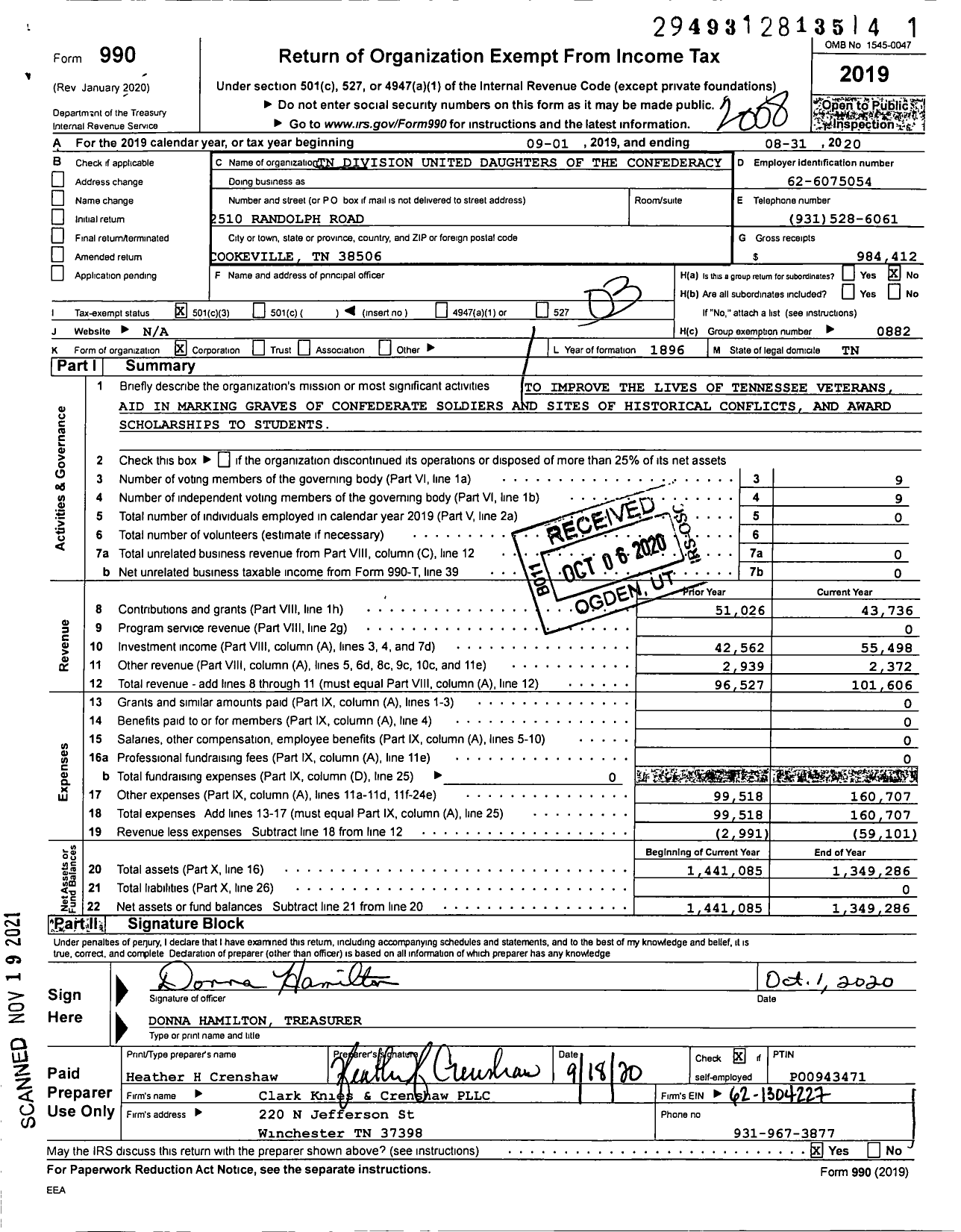 Image of first page of 2019 Form 990 for United Daughters of the Confederacy - Tennessee Division