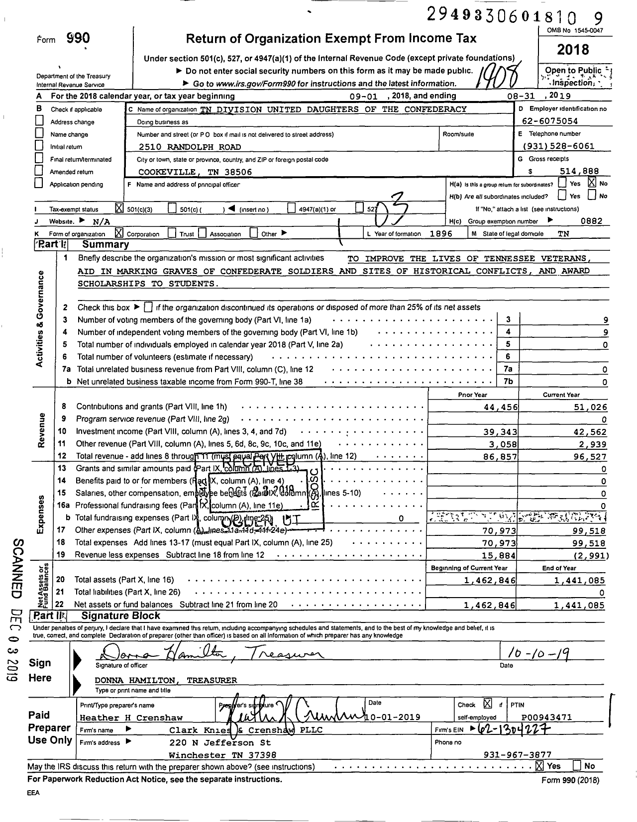 Image of first page of 2018 Form 990 for United Daughters of the Confederacy - Tennessee Division