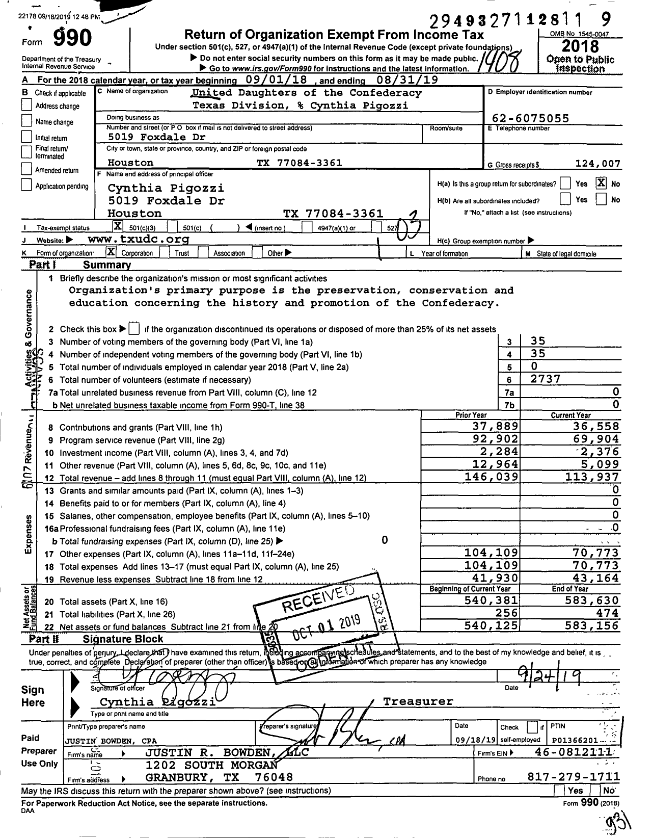 Image of first page of 2018 Form 990 for United Daughters of the Confederacy - Texas Division