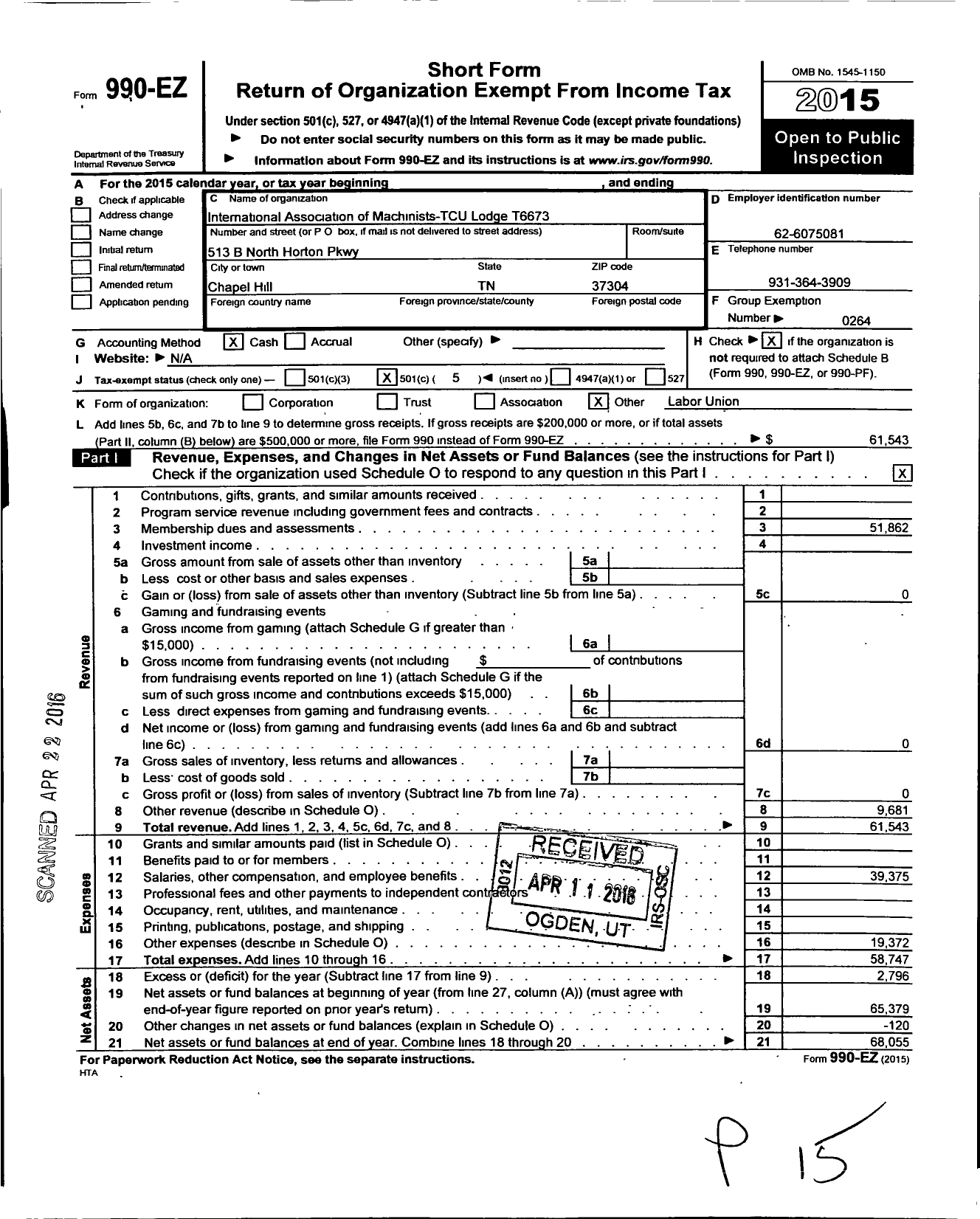 Image of first page of 2015 Form 990EO for Transportation-Communications Union / T6673 Lodge