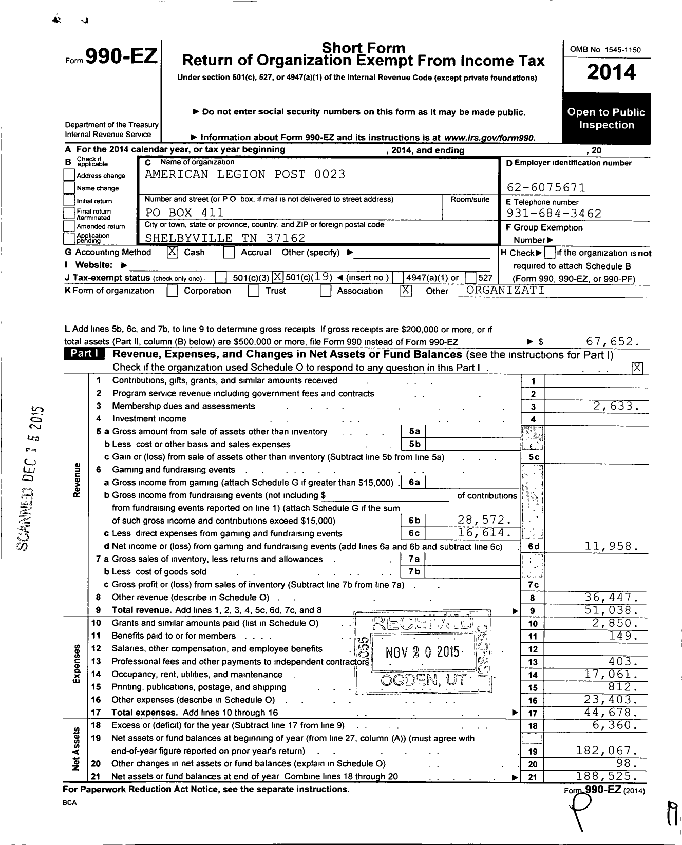 Image of first page of 2014 Form 990EO for American Legion - 0023 James Tate JR