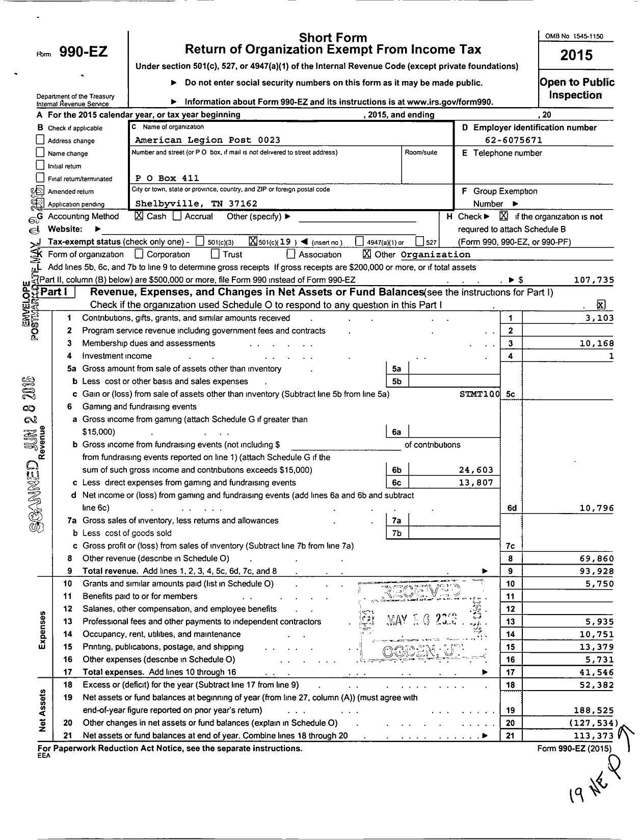 Image of first page of 2015 Form 990EO for American Legion Post 0023