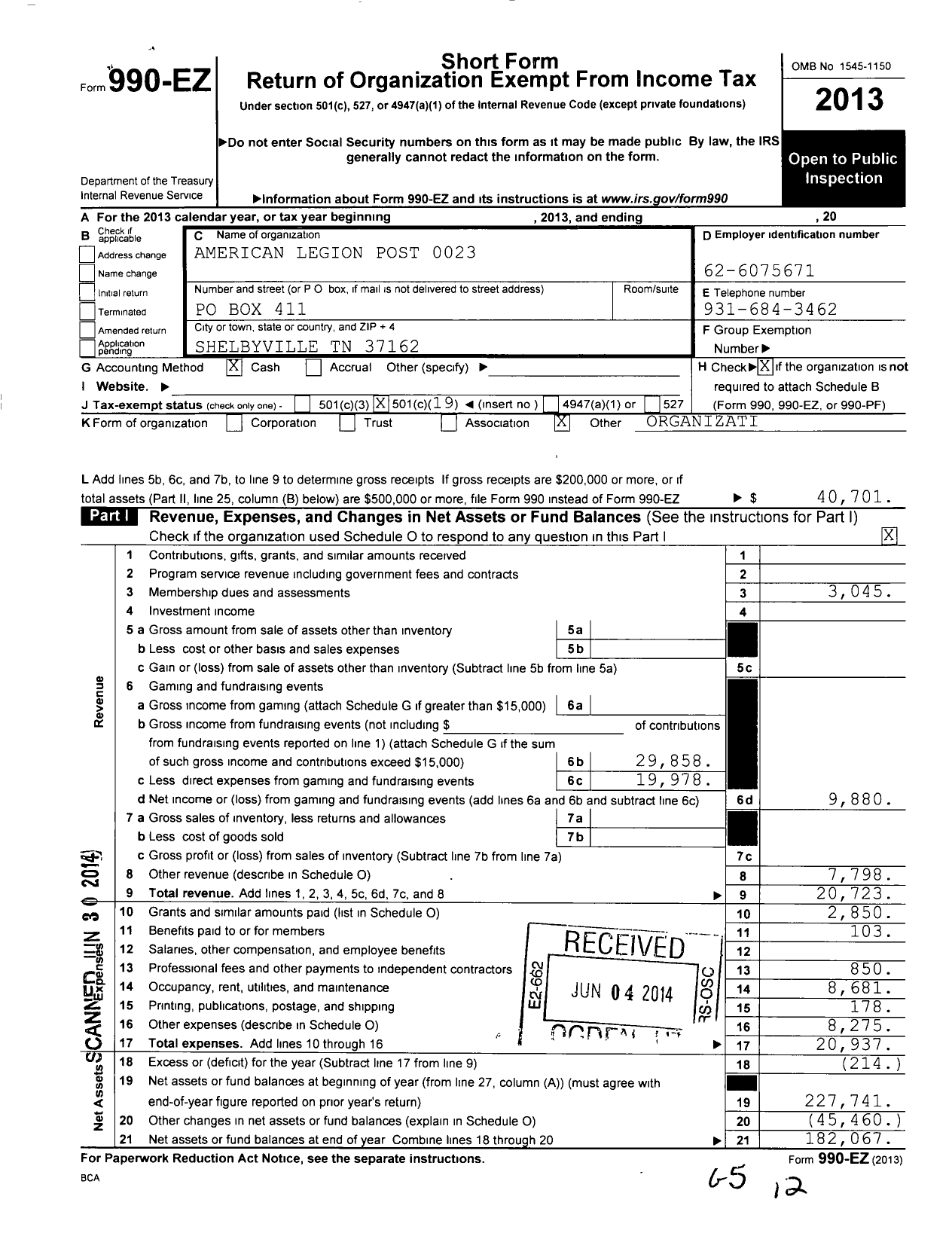 Image of first page of 2013 Form 990EO for American Legion - 0023 James Tate JR