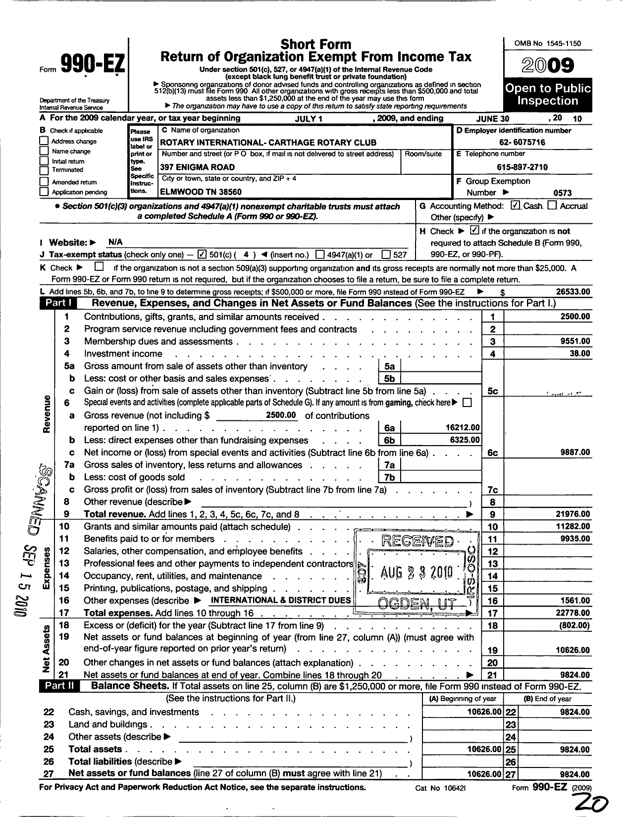 Image of first page of 2009 Form 990EO for Rotary International - Carthage