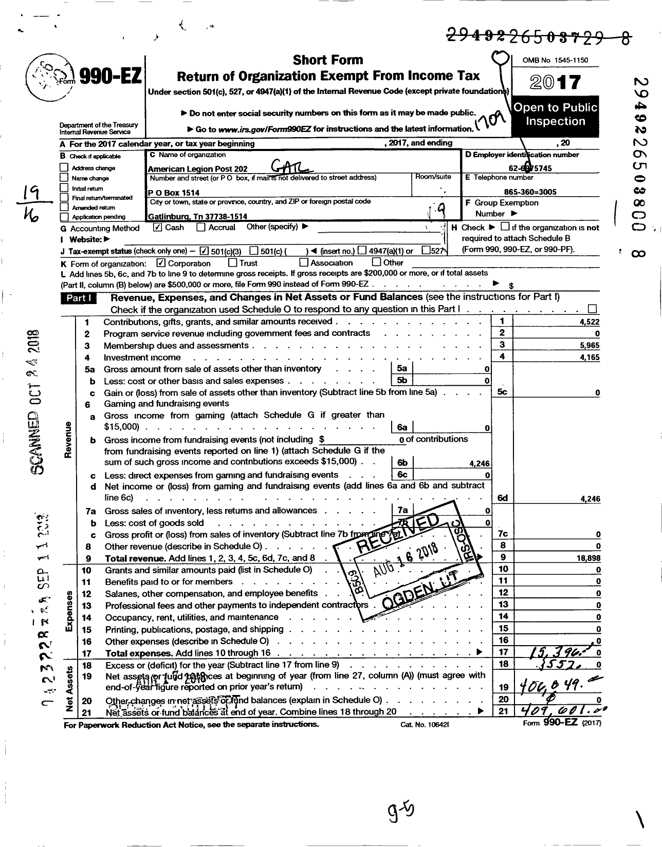 Image of first page of 2016 Form 990EO for American Legion / Gatlinburg Post No 202