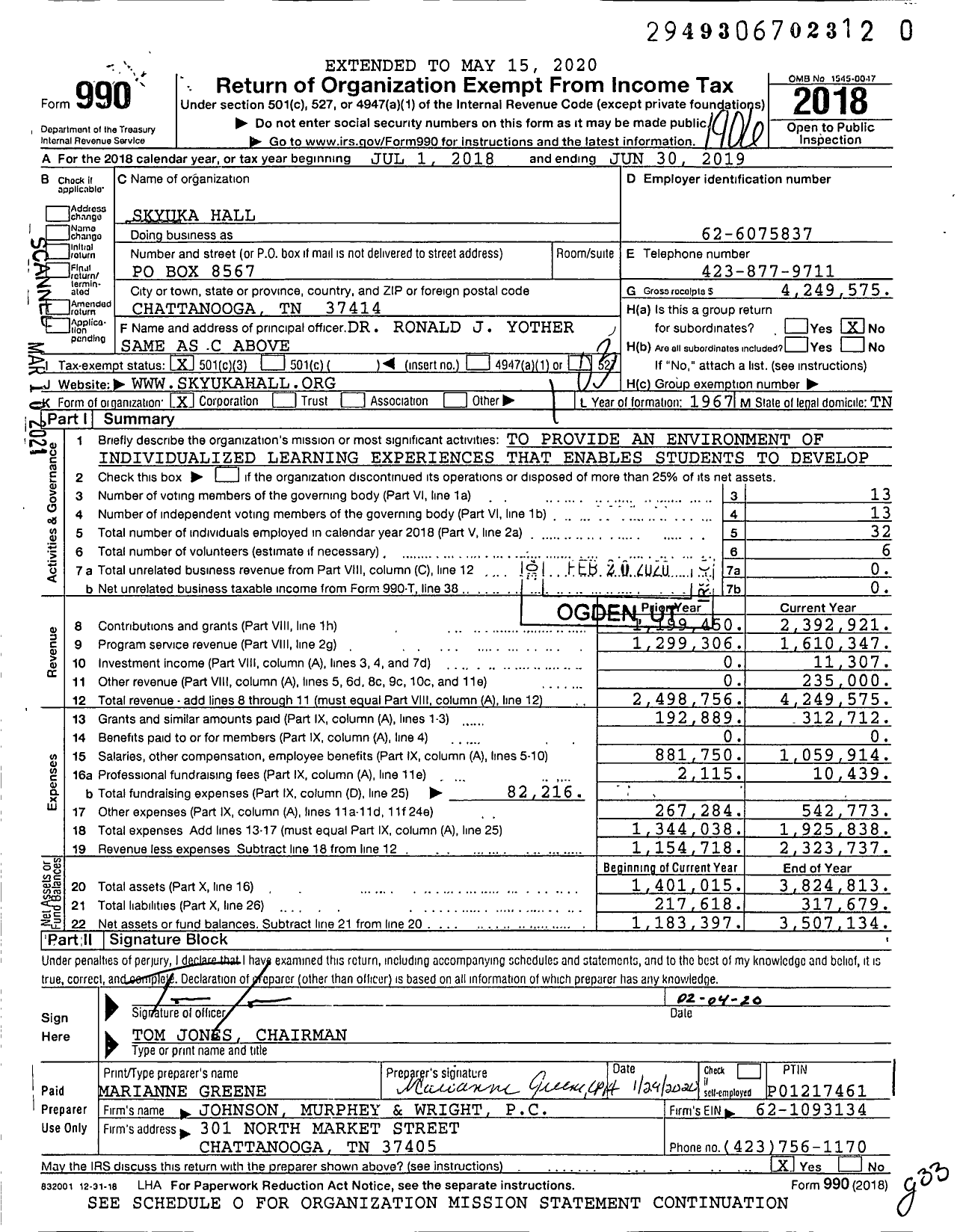 Image of first page of 2018 Form 990 for Skyuka Hall